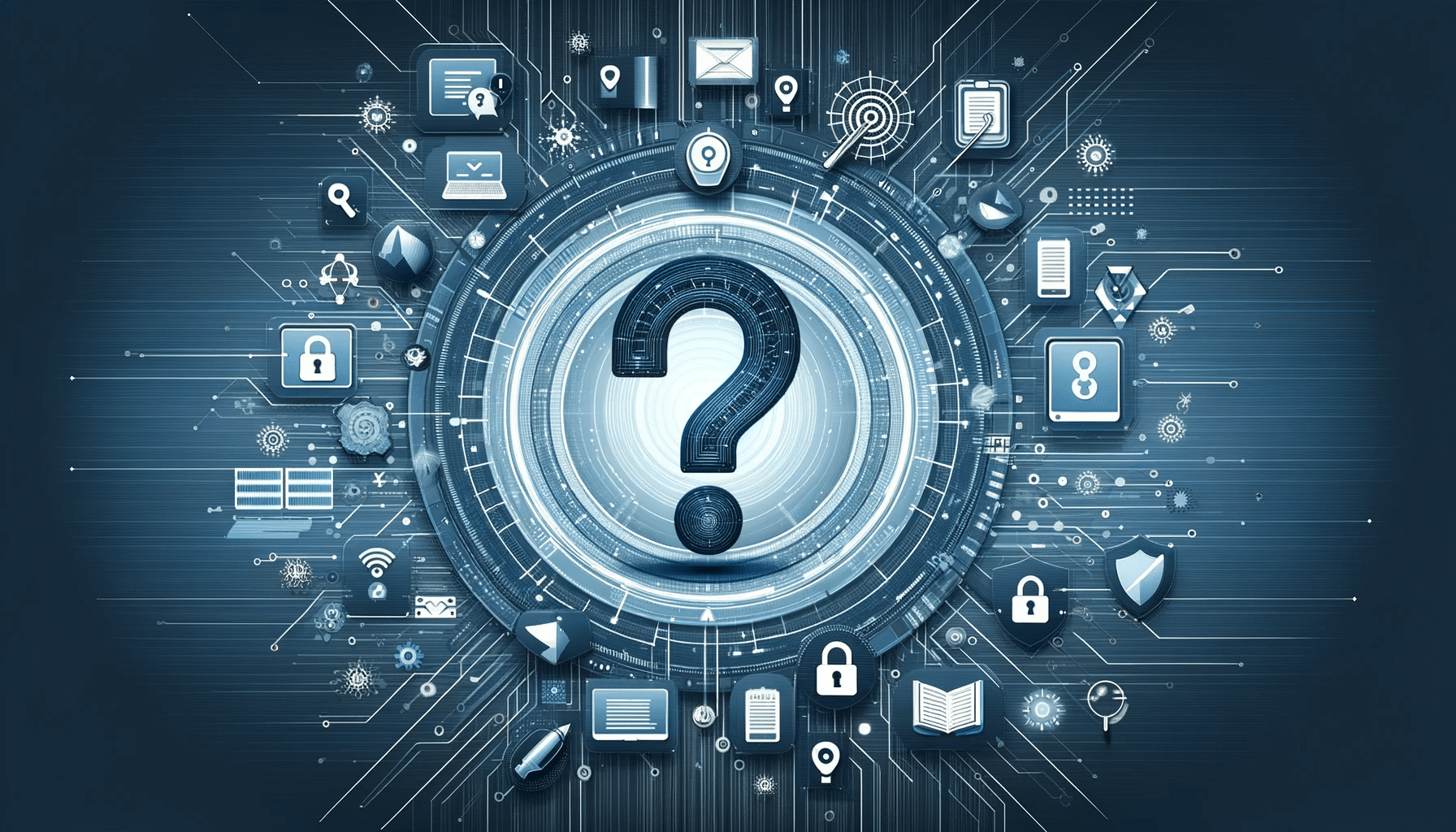 Illustration pour un article sur la cybersécurité, mettant en vedette un grand point d'interrogation central entouré de symboles de cybersécurité comme des boucliers numériques, des cadenas électroniques, et des lignes de code, dans une palette de bleu, gris et noir.