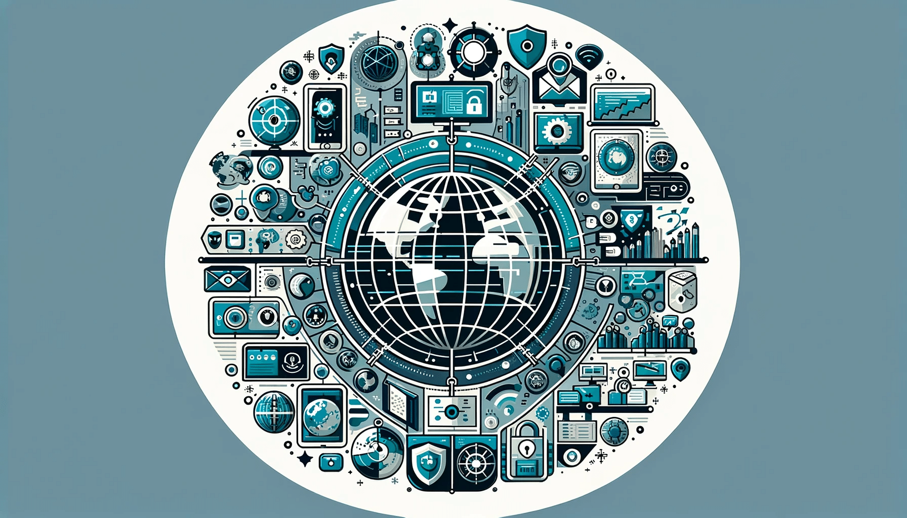 Illustration avec un design circulaire central, symbolisant les différents aspects de la cybersécurité tels que la protection des données, la défense contre les cyberattaques, et la sécurisation des réseaux, dans des tons de bleu, gris et vert.