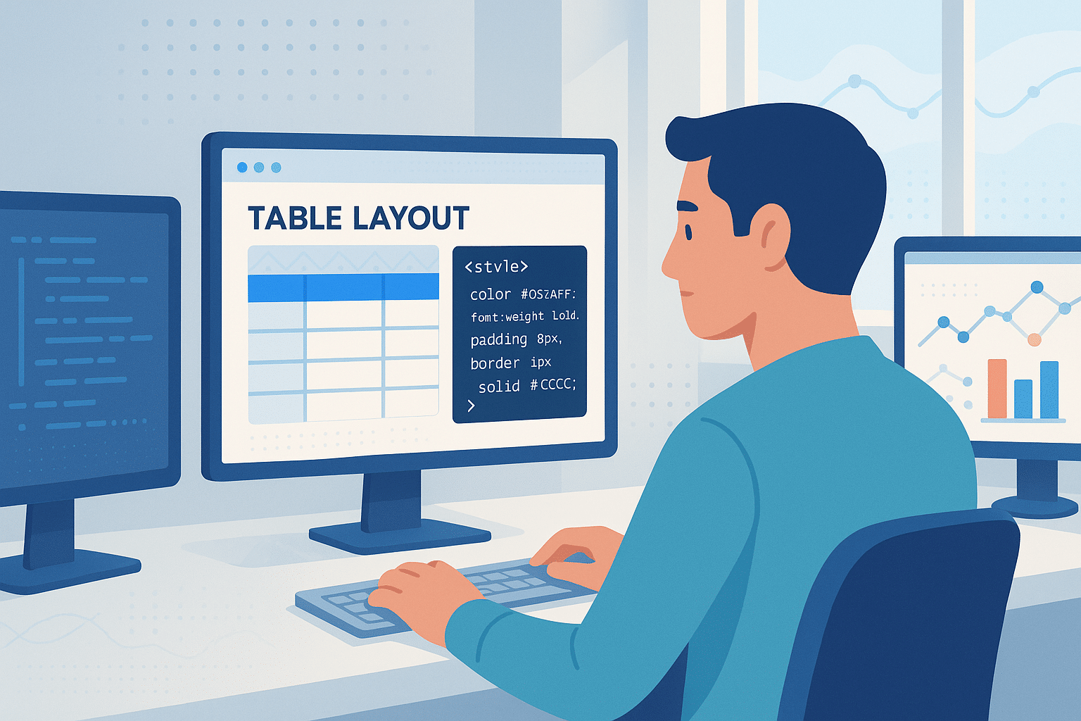Illustration d’un développeur no code créant une mise en page de tableau via une interface visuelle. L’écran affiche du code CSS simplifié et une prévisualisation graphique d’un tableau. La scène représente un environnement de travail moderne, symbolisant la programmation sans coder et la création d’outils web en mode no code.
