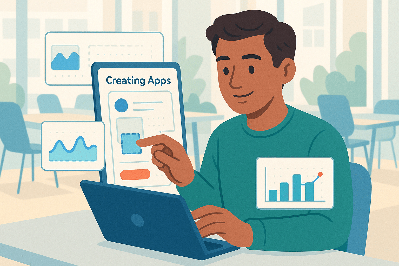 Illustration d’un jeune homme créant une application à l’aide d’un outil no code sur ordinateur portable. Il utilise une interface visuelle de type glisser-déposer (