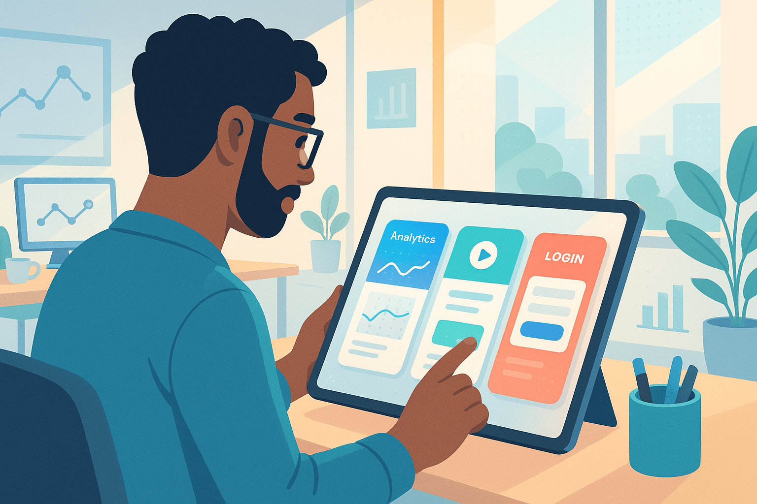 Un professionnel utilise une interface no code sur une tablette pour concevoir des dashboards et écrans d’application (Analytics, Login). L’environnement de travail est moderne, avec des graphiques affichés en arrière-plan, illustrant la simplicité de la création d'applications sans coder à l’aide de blocs visuels interactifs.