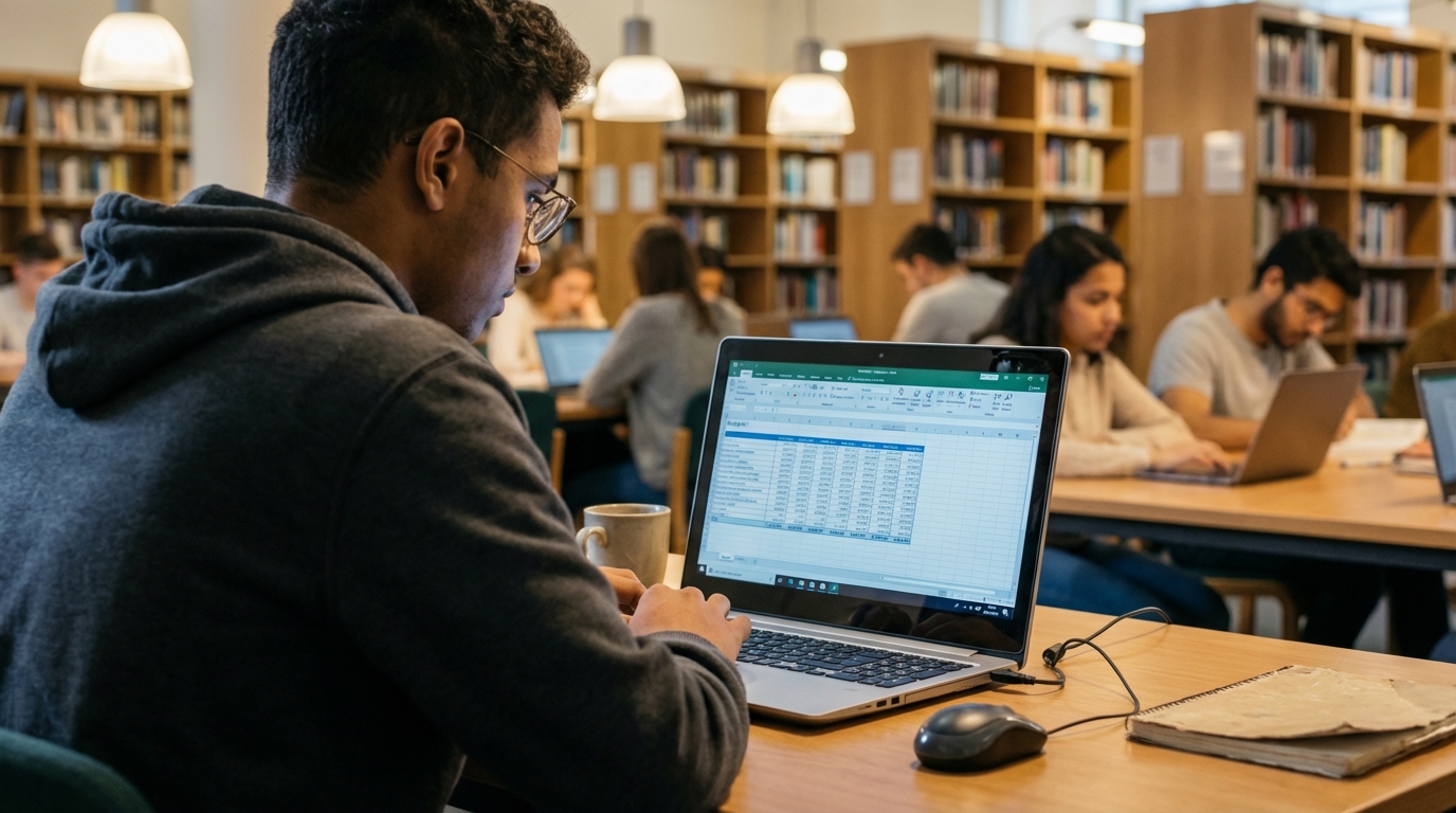 Étudiant utilisant Excel en bibliothèque