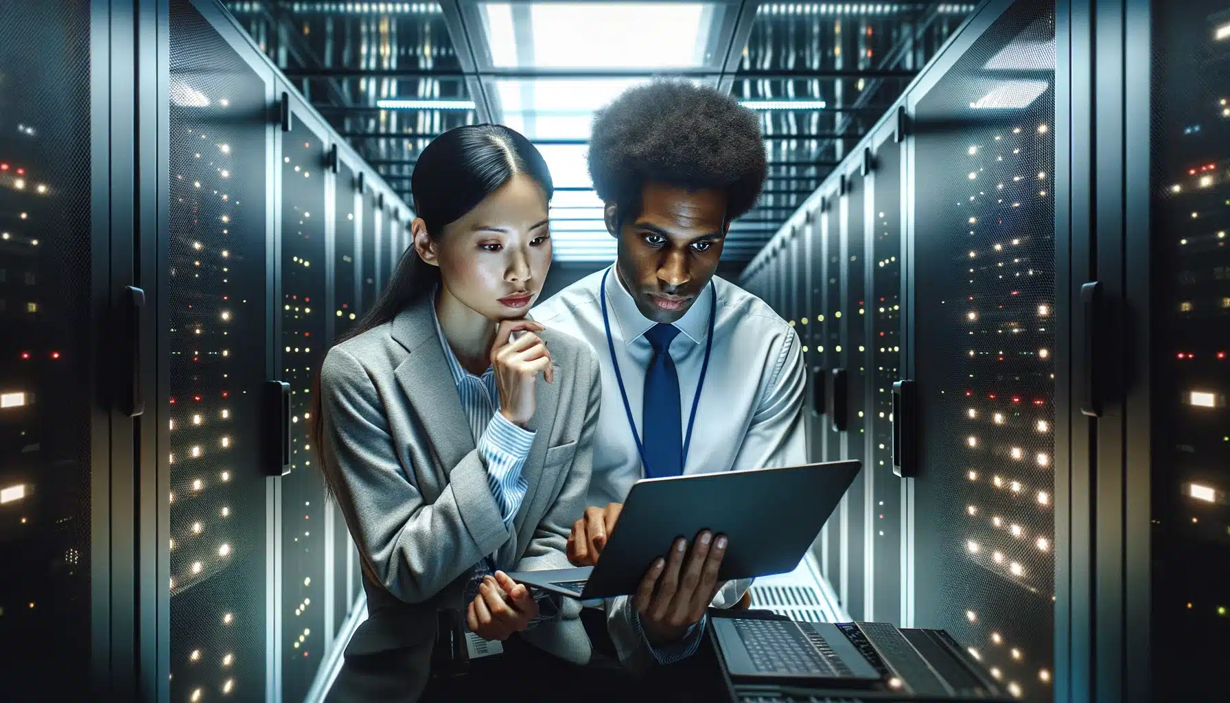 deux ingénieurs en cloud computing, un homme et une femme, travaillant dans un data center