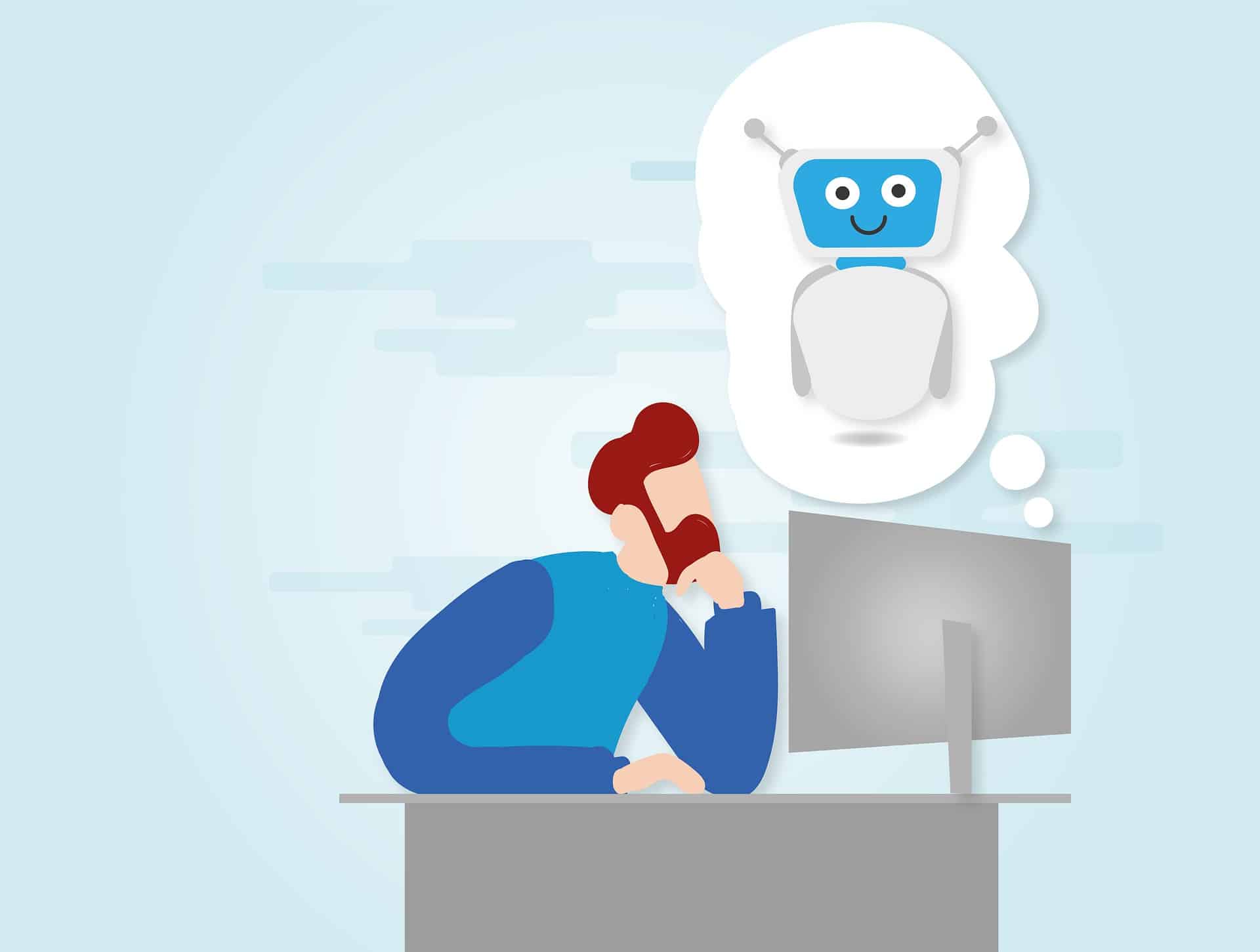 Dessin d'un homme utilisant une IA sur son ordinateur