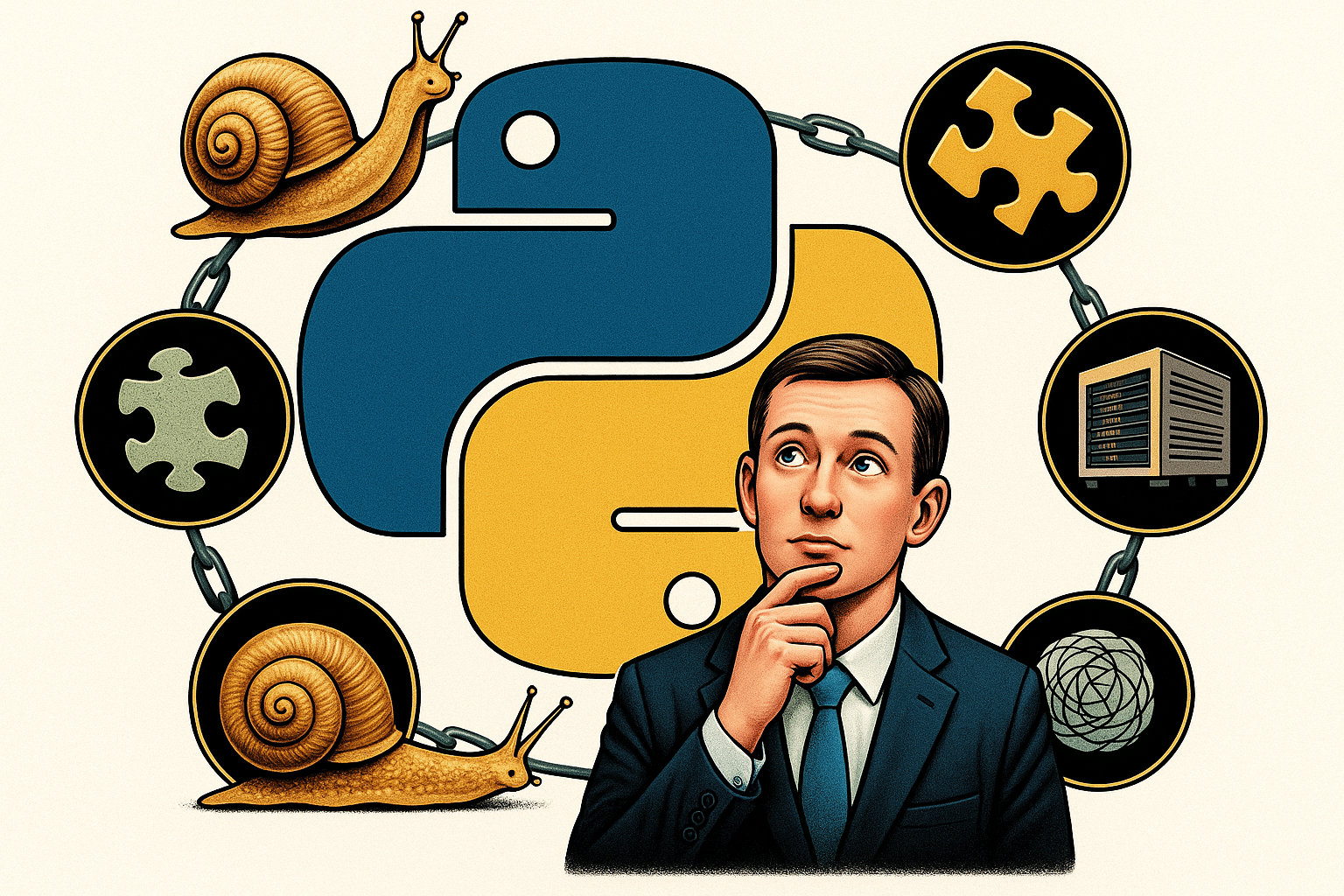Illustration numérique stylisée montrant un homme en costume pensif devant le logo Python bleu et jaune, entouré d’icônes symboliques telles que des escargots, des pièces de puzzle, un serveur informatique et une structure complexe, toutes reliées par une chaîne circulaire, représentant les défis et réflexions liés à la programmation Python.