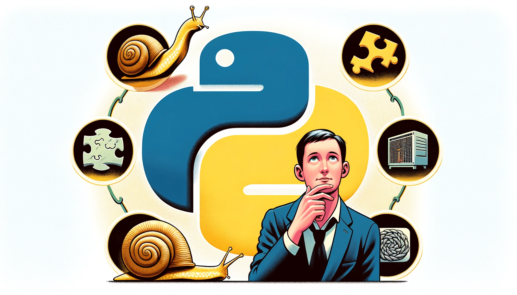 Image semi-réaliste d'un personnage réfléchissant devant le logo Python, entouré de métaphores visuelles des inconvénients de Python : un escargot pour la vitesse d'exécution lente, un gros serveur pour la forte consommation de mémoire, un puzzle complexe pour la courbe d'apprentissage, et un câble effiloché pour les défis d'intégration.