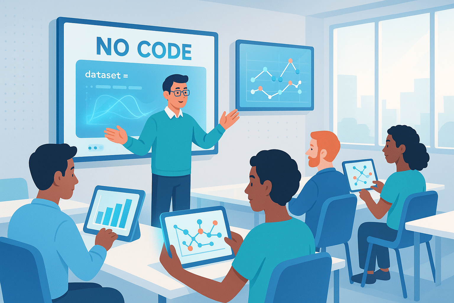 Instructeur présentant une formation No Code à des étudiants utilisant des tablettes pour visualiser des données et des graphiques.