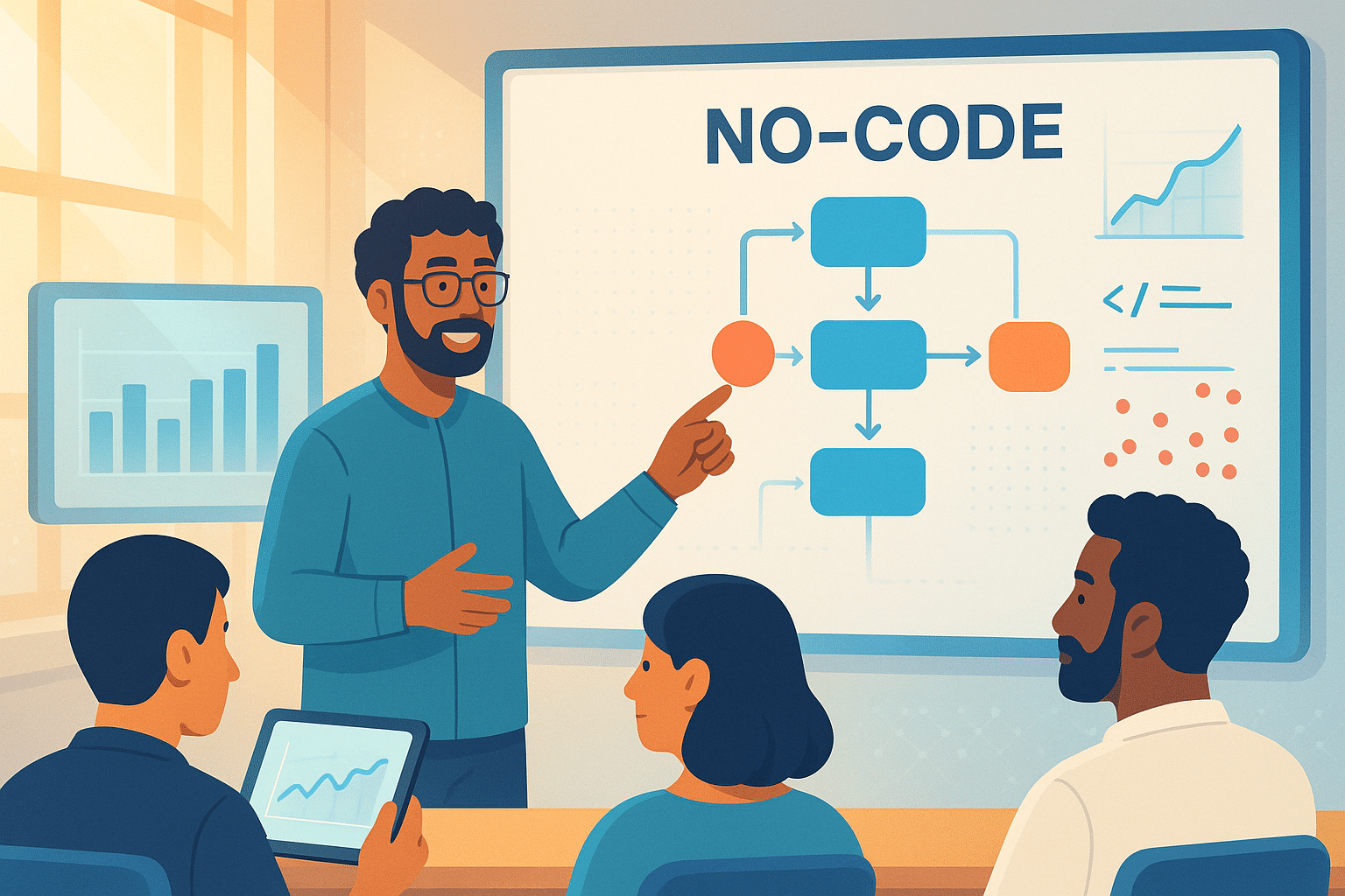Session de formation no-code avec un instructeur expliquant des diagrammes sur un tableau, entouré de participants attentifs.