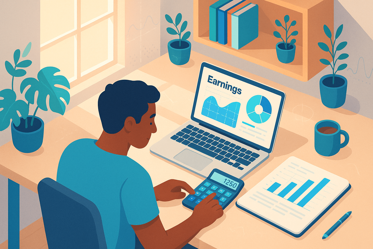 Personne utilisant un ordinateur portable et une calculatrice pour analyser les données financières dans le cadre d'une formation no code.