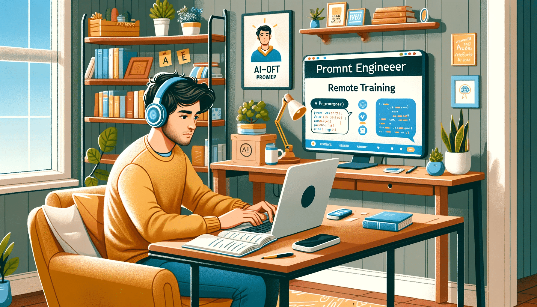 Un jeune homme, aspirant ingénieur de prompt, étudiant à domicile. Il est assis à son bureau dans une pièce confortable, concentré sur l'écran de son ordinateur portable qui affiche des tutoriels de programmation AI et des exercices de codage, dans une chambre personnalisée avec une étagère de livres, une plante et des posters motivants.