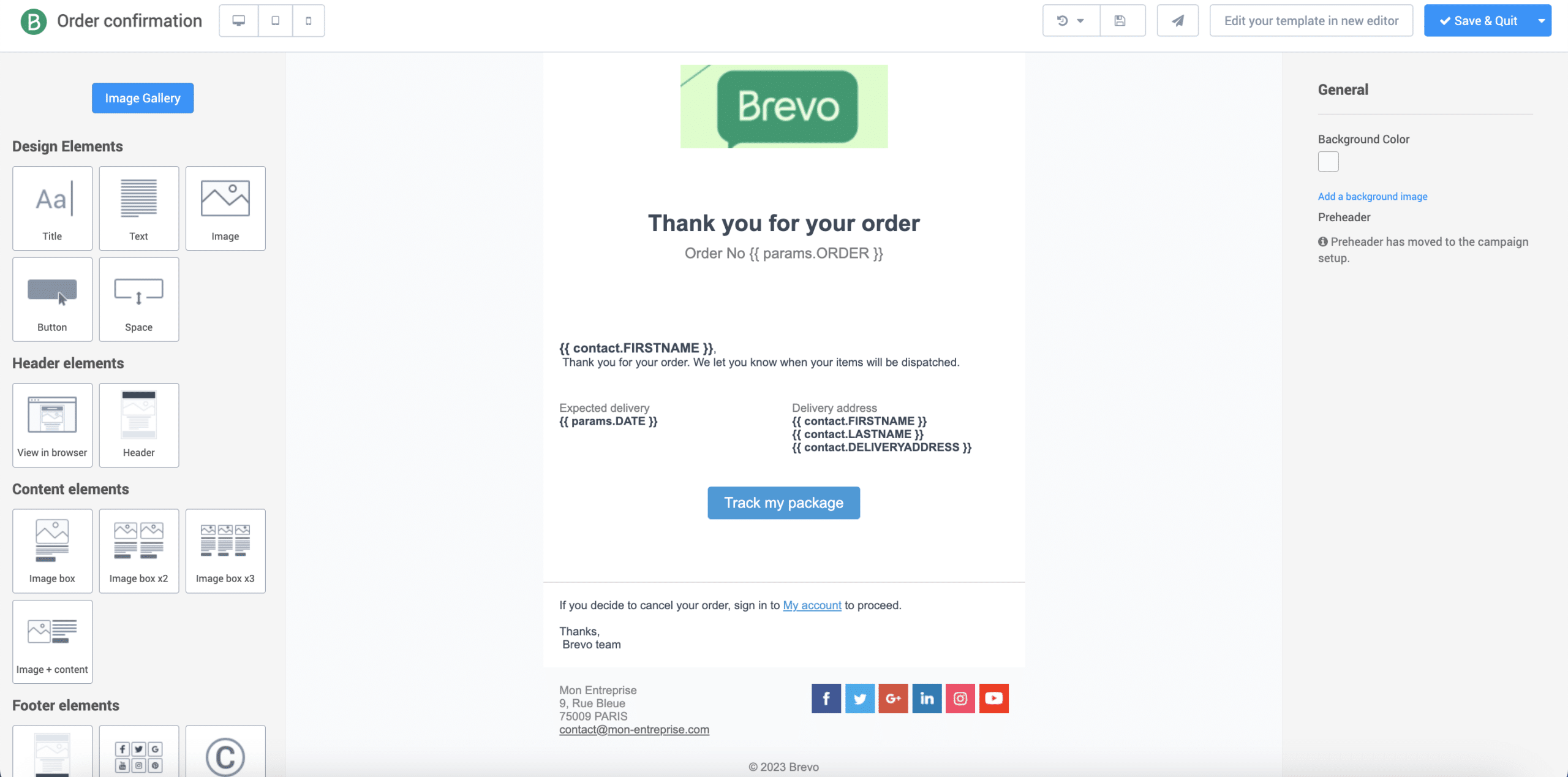 Exemple d’email de confirmation de commande conçu avec Brevo, affichant un message personnalisé, les détails de livraison et un bouton de suivi de colis, dans l’éditeur de campagne intuitif de la plateforme Brevo.