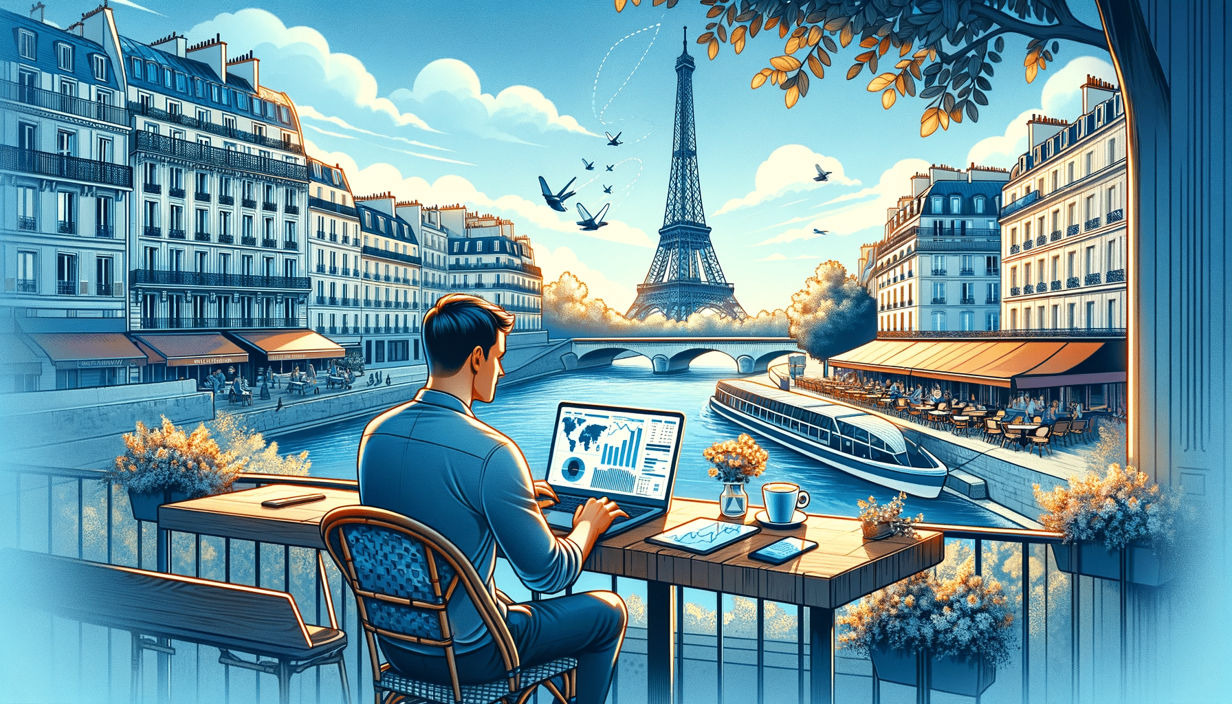 Illustration d'un data scientist travaillant depuis un café à Paris, avec une vue sur la Tour Eiffel, évoquant l'atmosphère charmante et culturelle de la ville.