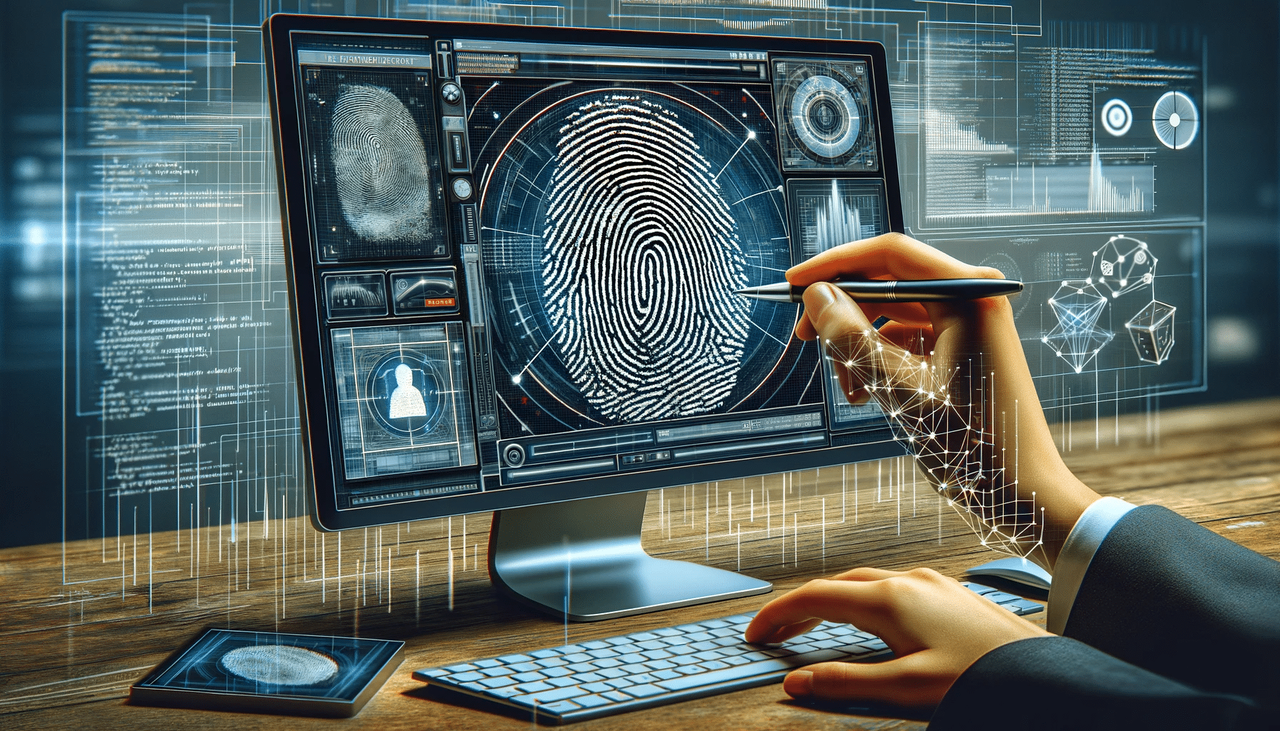 Illustration d'un algorithme sur un écran d'ordinateur analysant une empreinte digitale, montrant un écran avec des lignes de code, des graphiques d'analyse de données et une amélioration numérique de l'empreinte.