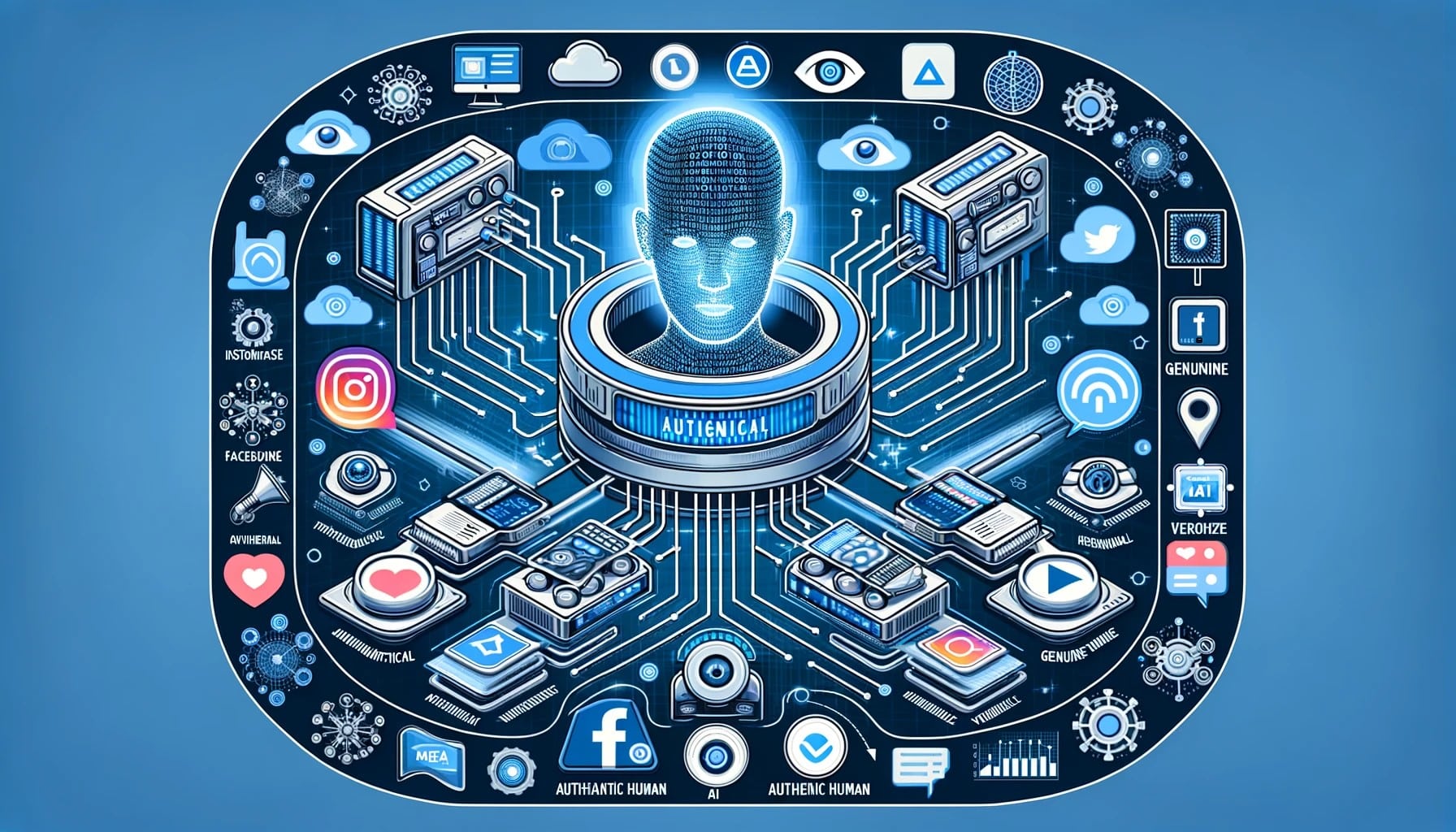 Illustration de Meta en tant que hub central équipé de technologie avancée, analysant les flux de contenu sur Facebook, Instagram et Threads pour distinguer les contenus artificiels des authentiques, avec des symboles visuels spécifiques à chaque type.
