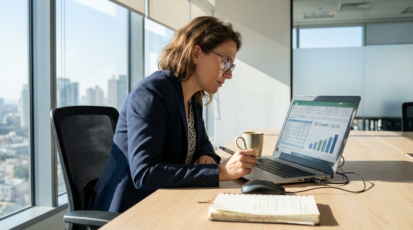 Une analyste professionnelle examinant des calculs de pourcentages sur son ordinateur portable