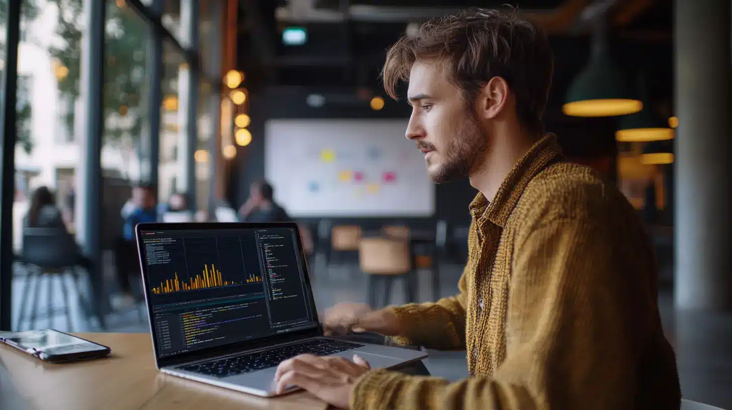Jeune data analyst travaillant sur un ordinateur portable dans un café moderne. L'écran affiche un tableau de bord avec des graphiques de données et du code en Python. Ambiance détendue mais studieuse, éclairage chaleureux, arrière-plan flou avec d'autres personnes travaillant.