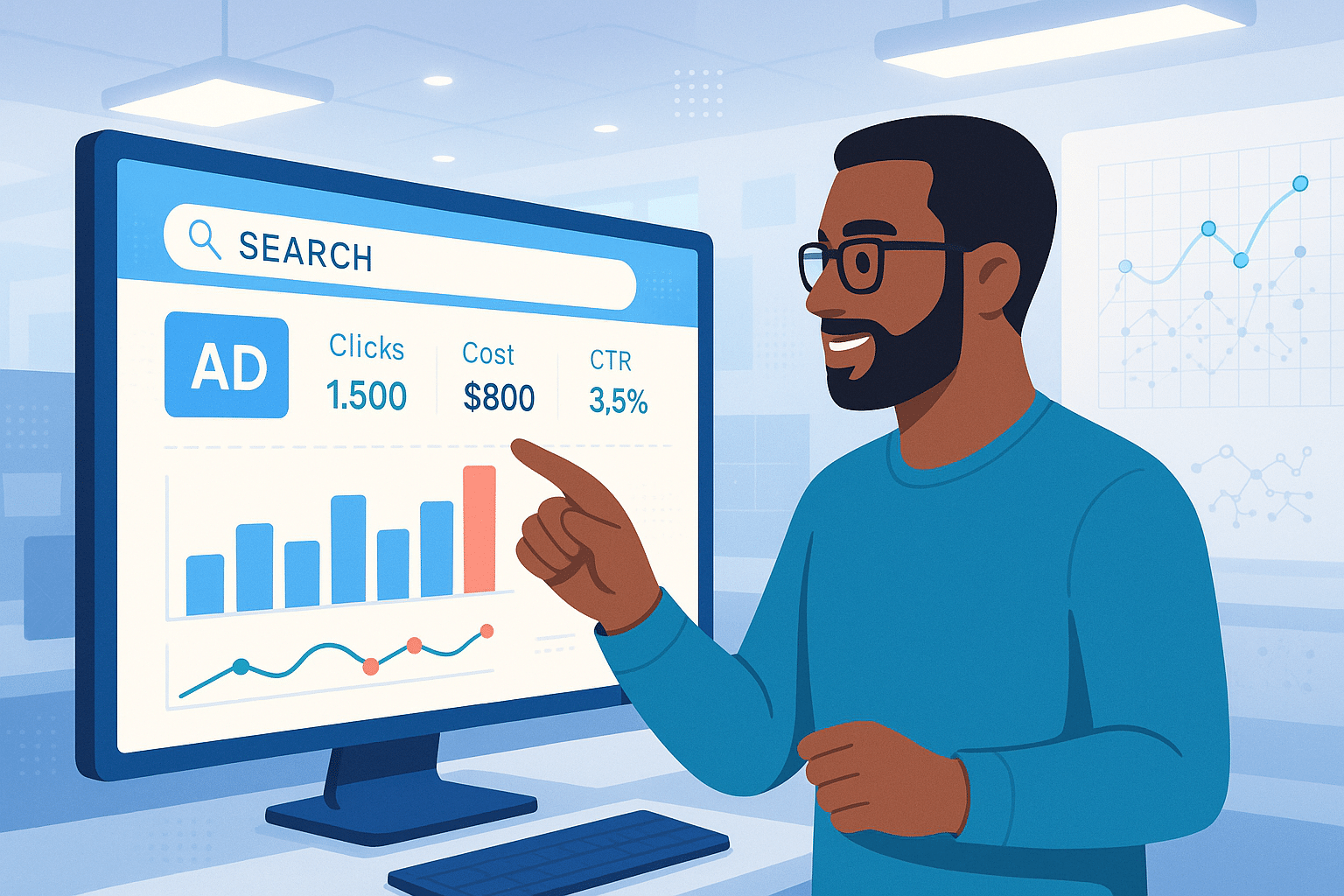 Personne présentant une analyse des données de performance publicitaire avec des statistiques sur les clics, le coût et le CTR, illustrant l'importance du SEO.