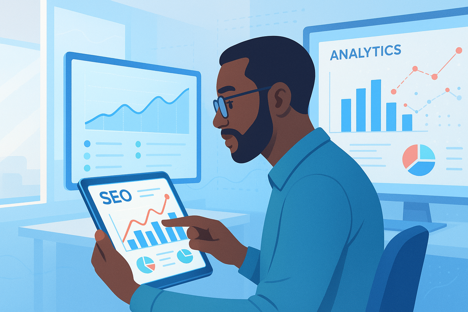 Personne consultant des données SEO sur une tablette, avec des graphiques d'analyse sur des écrans en arrière-plan.