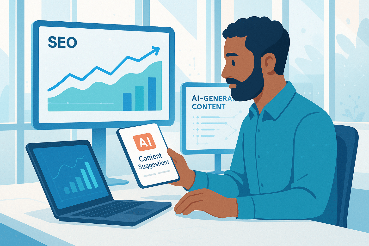 Un analyste SEO travaillant sur un ordinateur portable, affichant des graphiques de classement de site web.