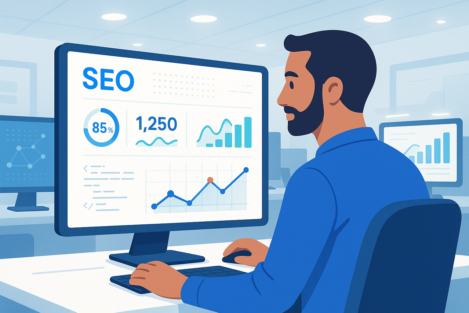Personne regardant des statistiques SEO sur un écran d'ordinateur, avec des graphiques et des données analytiques visibles.