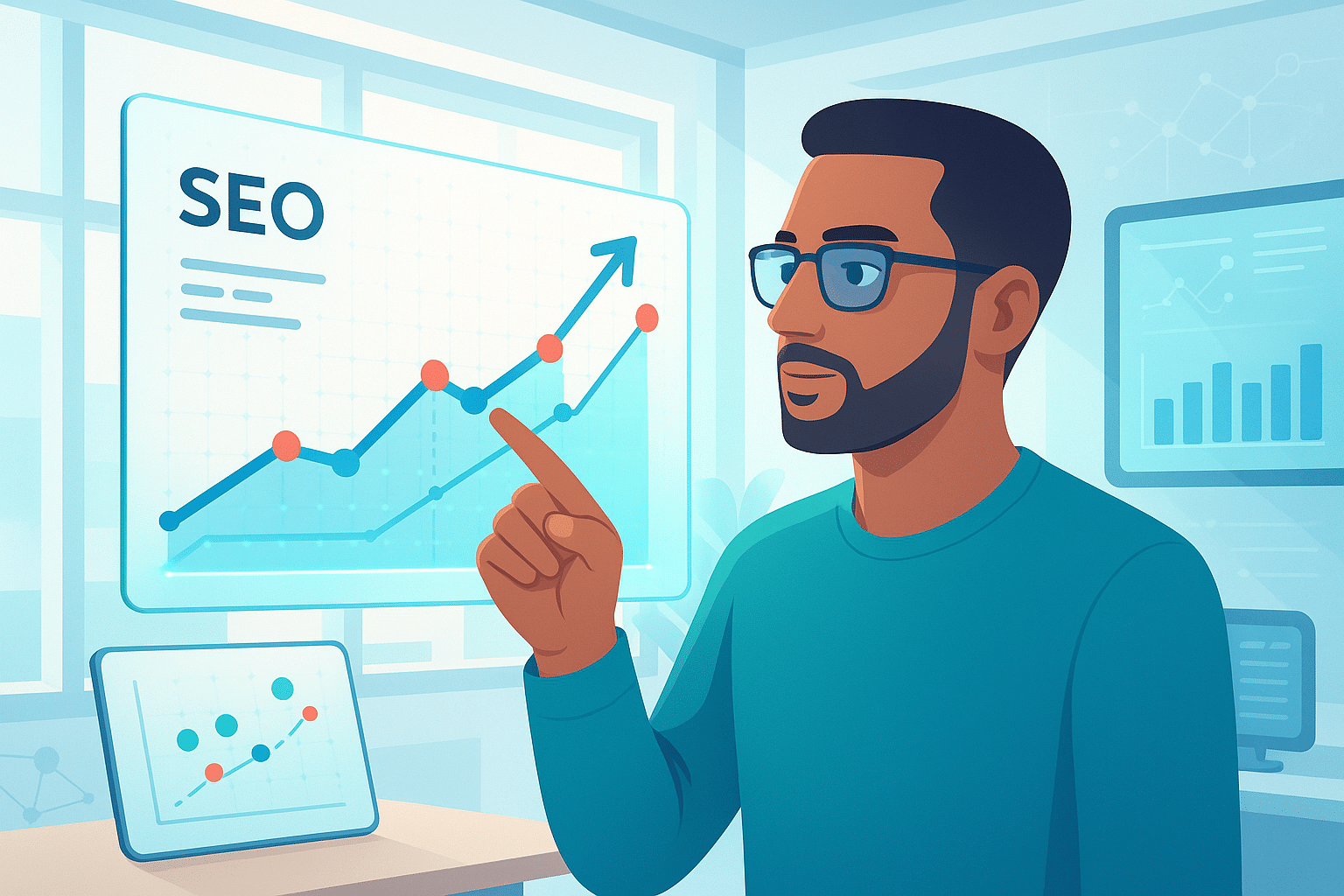 Un professionnel montrant des graphiques et des données liées au SEO dans un bureau.