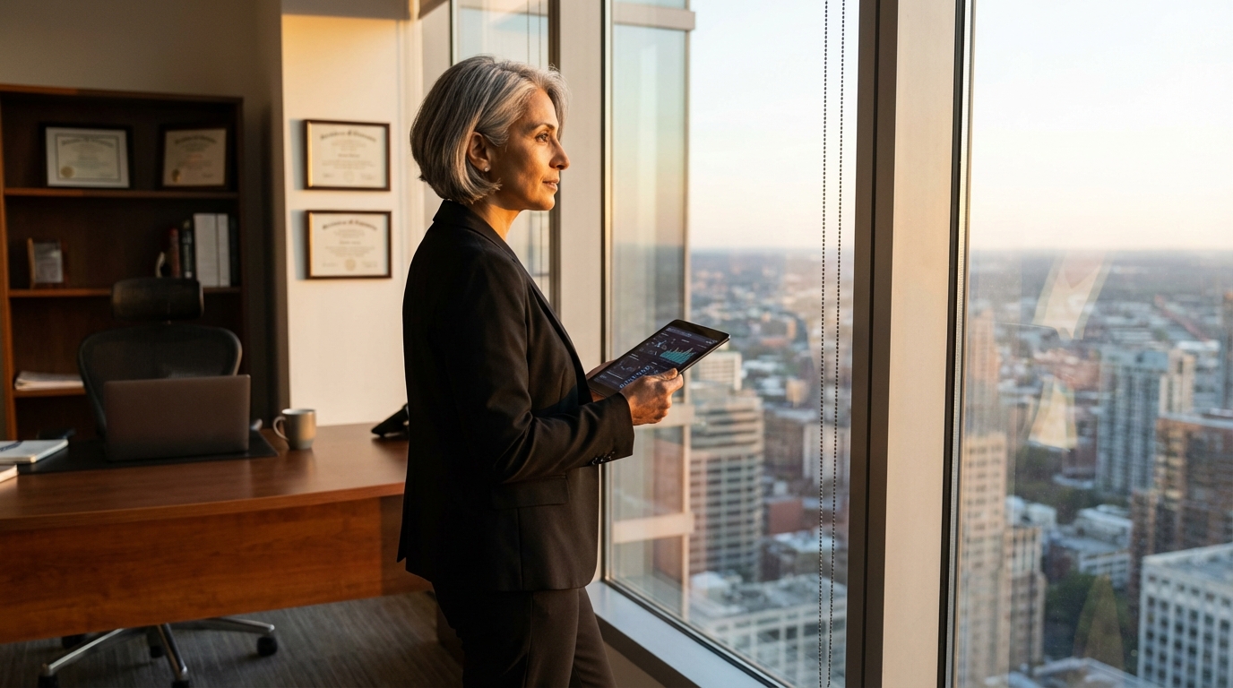 Dirigeante technologique contemplant l'impact transformateur des Large Language Models sur l'industrie depuis son bureau