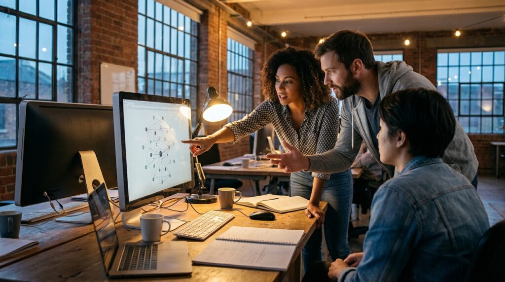 Une équipe collaborant sur des diagrammes de réseaux