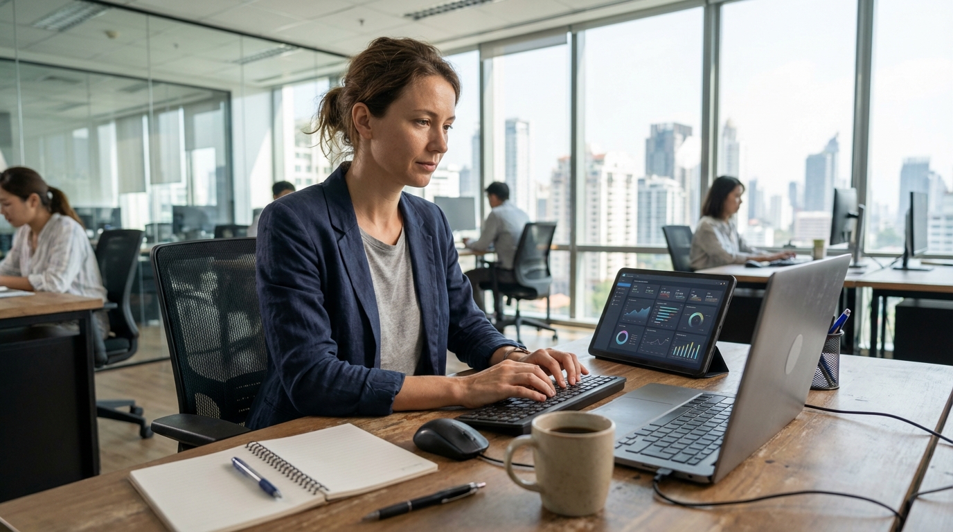 Une professionnelle travaillant avec des interfaces IA
