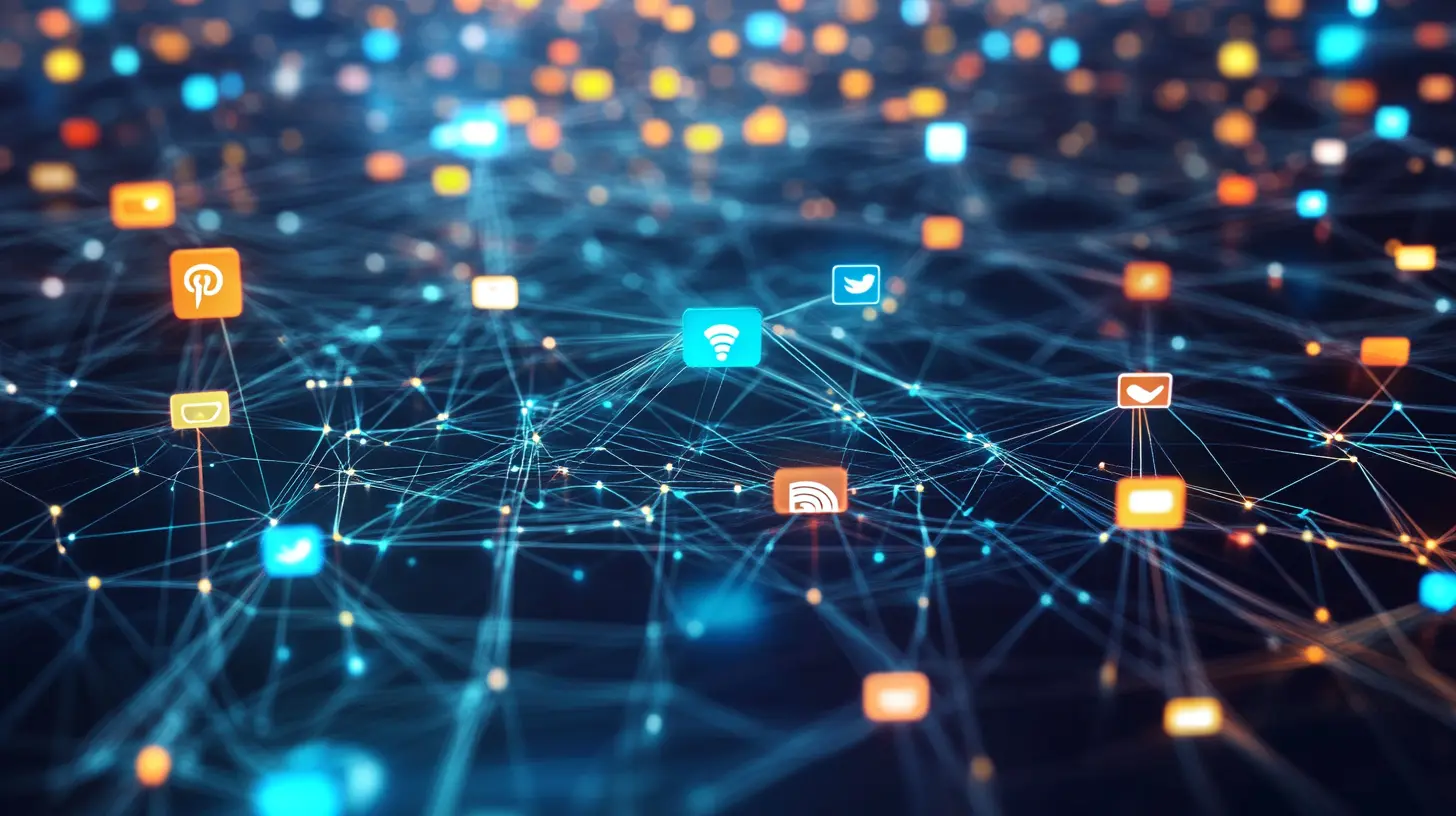Réseau numérique de plateformes de réseaux sociaux connectées par des flux de données lumineux, avec des icônes telles que Twitter et LinkedIn, dans une mise en page cybernétique et organisée représentant la veille concurrentielle.