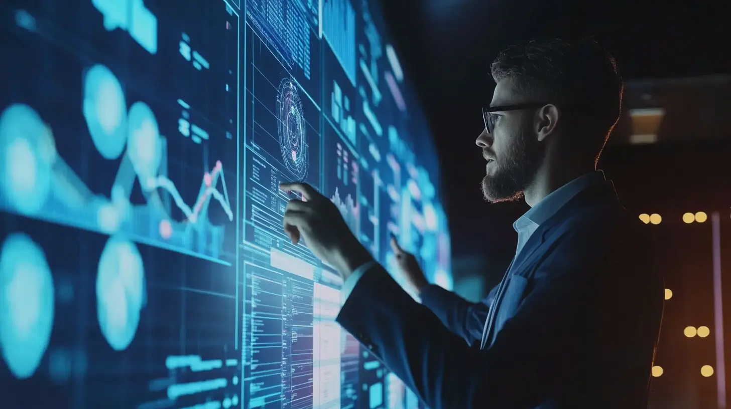 Homme portant des lunettes et un costume travaillant sur d'immenses écrans avec des données et des graphiques ce qui représente bien la discipline de Business Analysis 