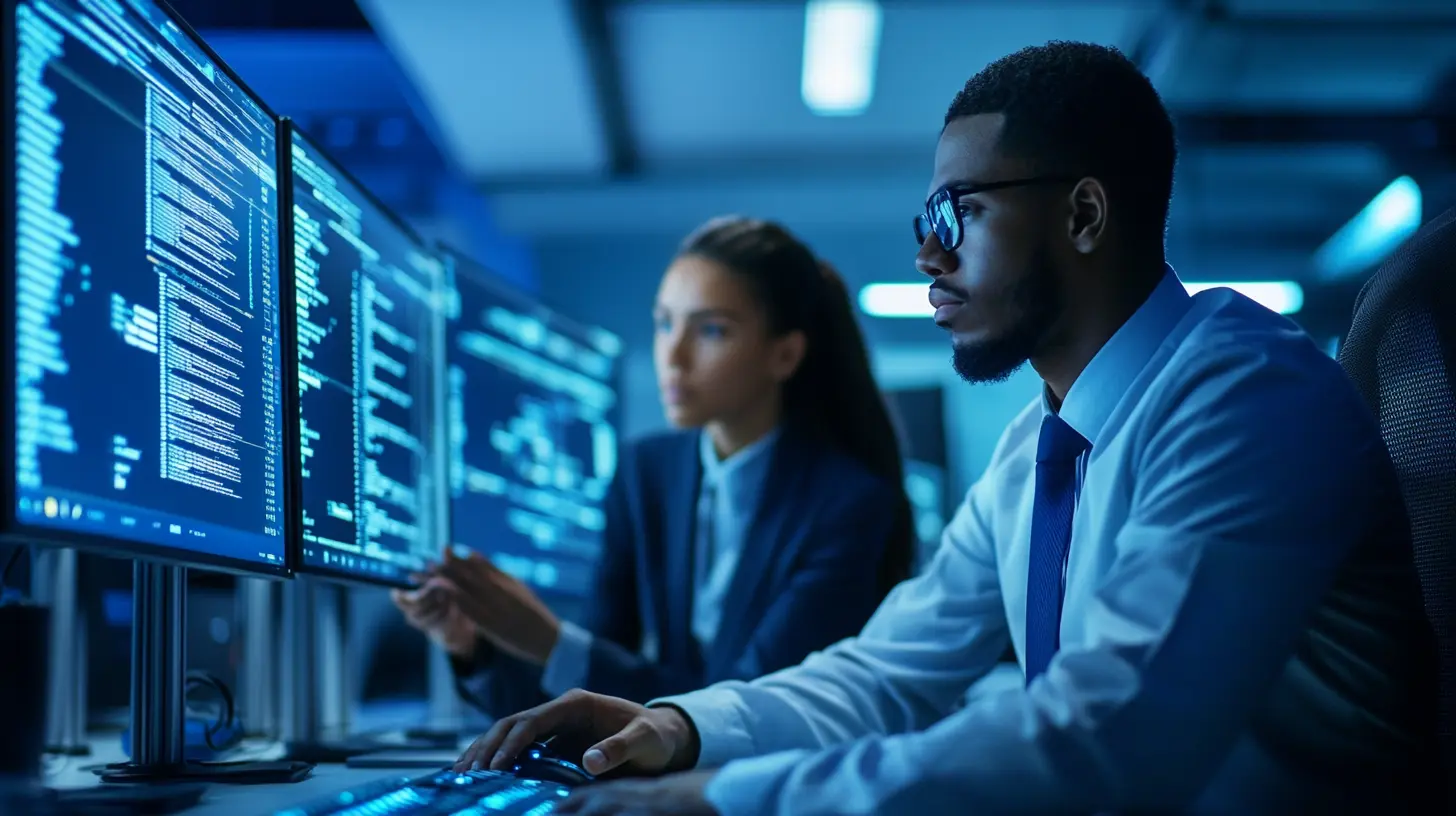 Un homme et une femme travaillant ensemble et focalisés sur leurs écrans afin d'effectuer des business analysis