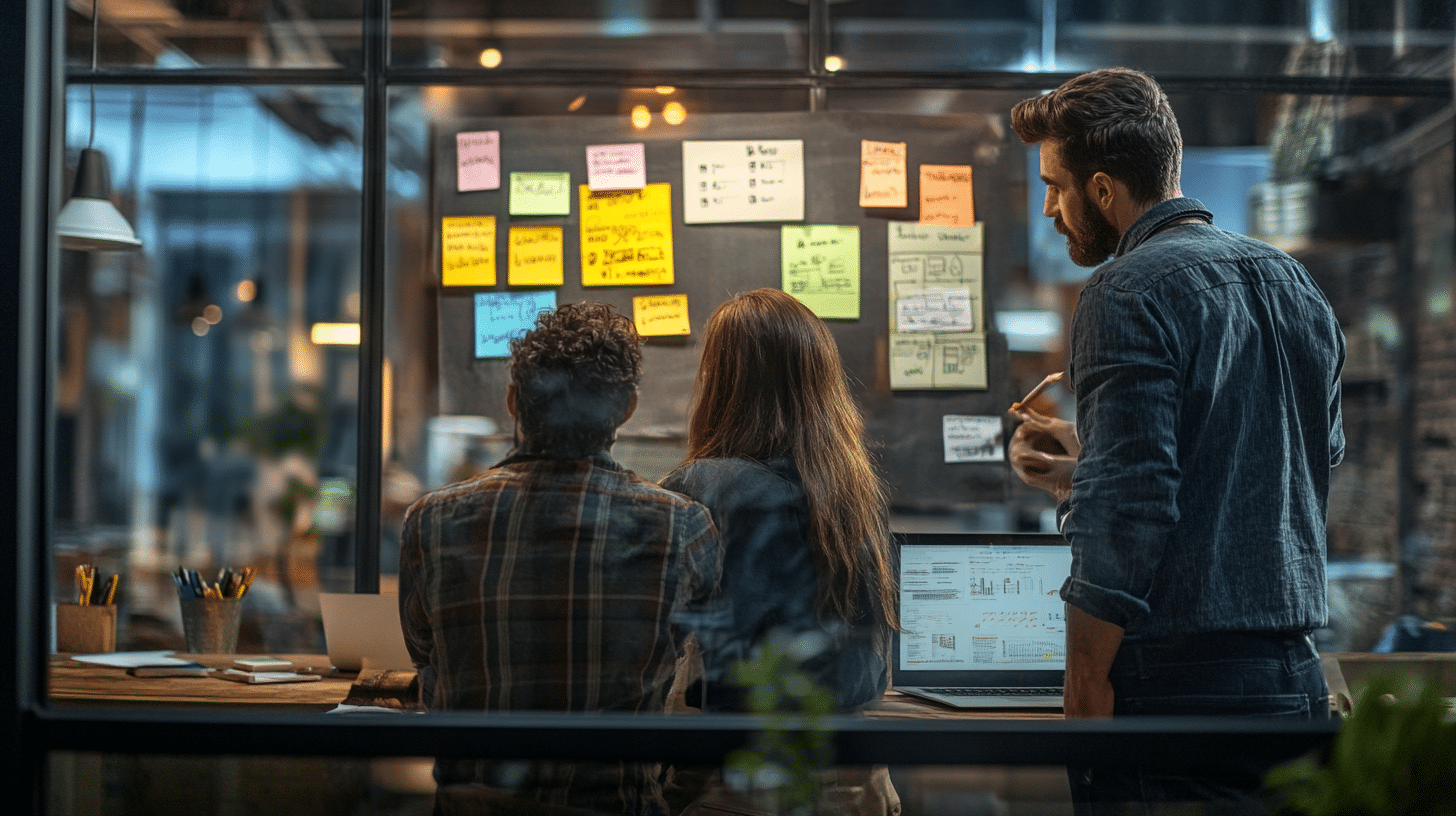 Trois professionnels en pleine séance de travail analysent un tableau rempli de notes et de schémas, comparant les méthodes Kanban vs Scrum pour améliorer la gestion de projet Agile. Un ordinateur affiche des graphiques et des données en soutien à leur discussion.