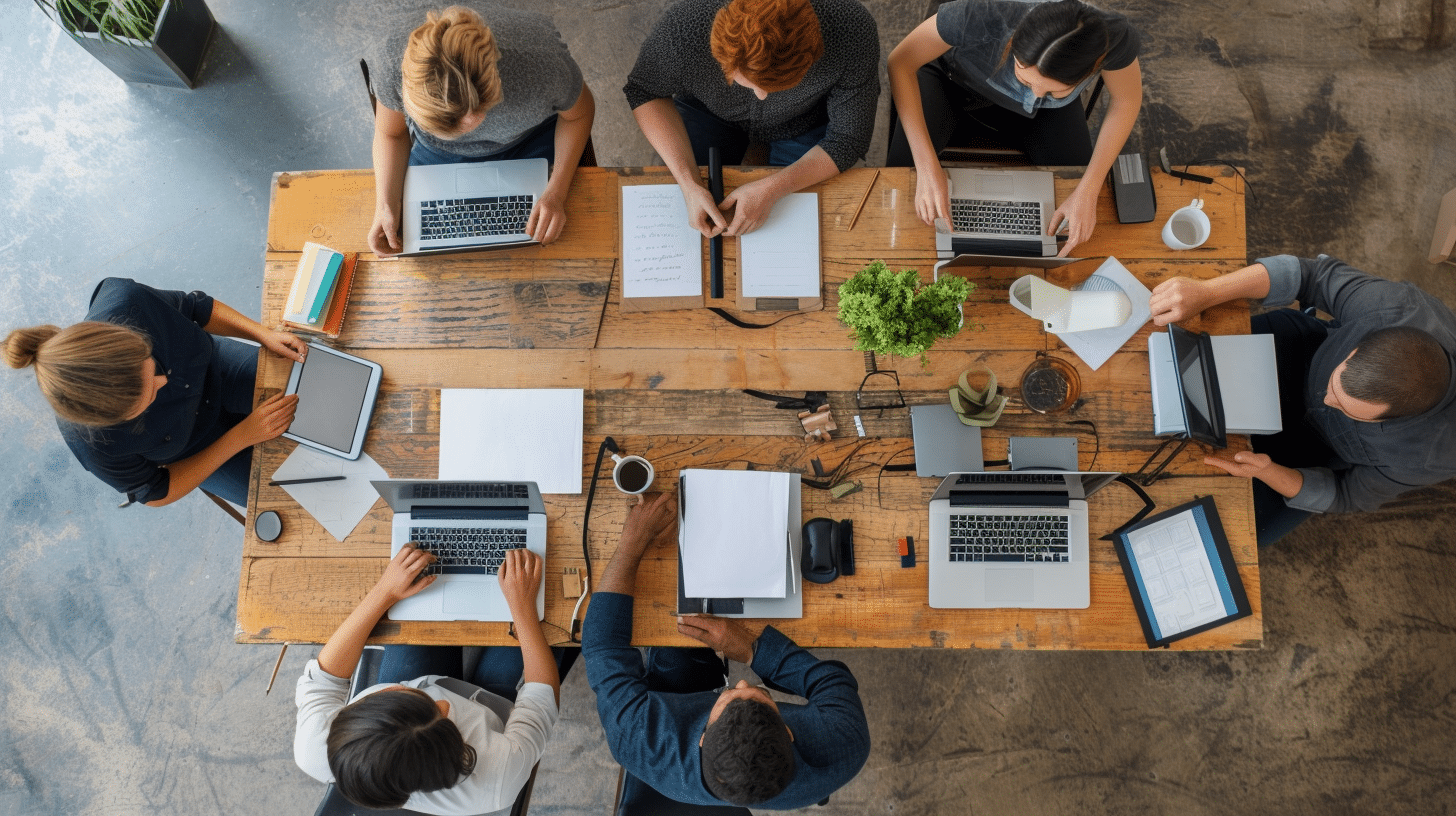 Une équipe de professionnels collabore autour d’une grande table en open space, travaillant sur leurs ordinateurs et tablettes. Cette scène illustre la gestion de projet Agile avec Kanban vs Scrum, mettant en avant l'organisation et la communication au sein d'une équipe de développement.