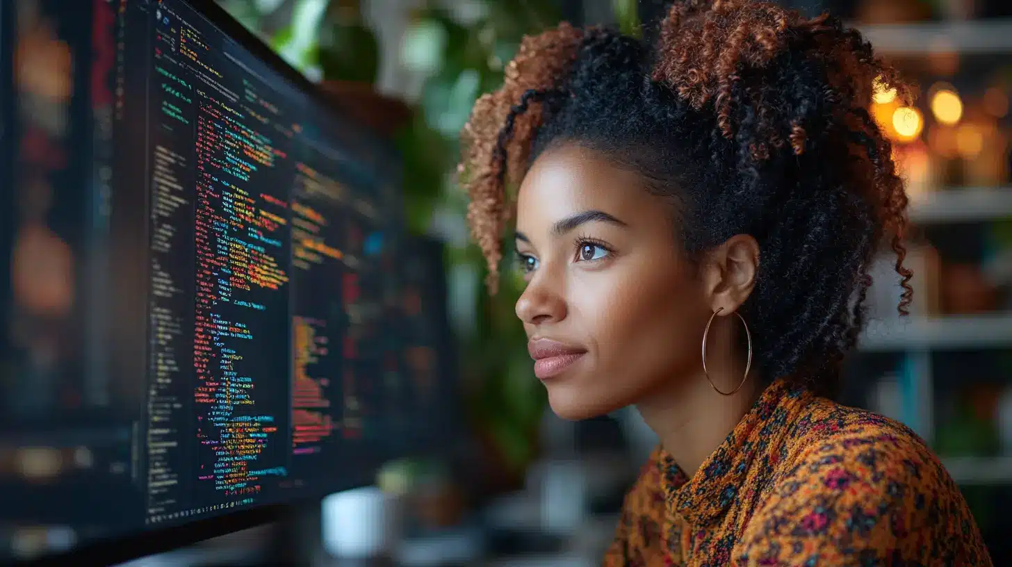 Femme regardant son écran qui affiche des langages de programmation reflétant le travail de développement logiciel.
