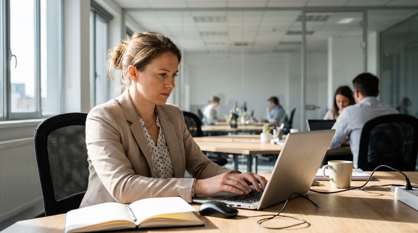 Une data scientist professionnelle travaillant sur son ordinateur portable dans un bureau moderne