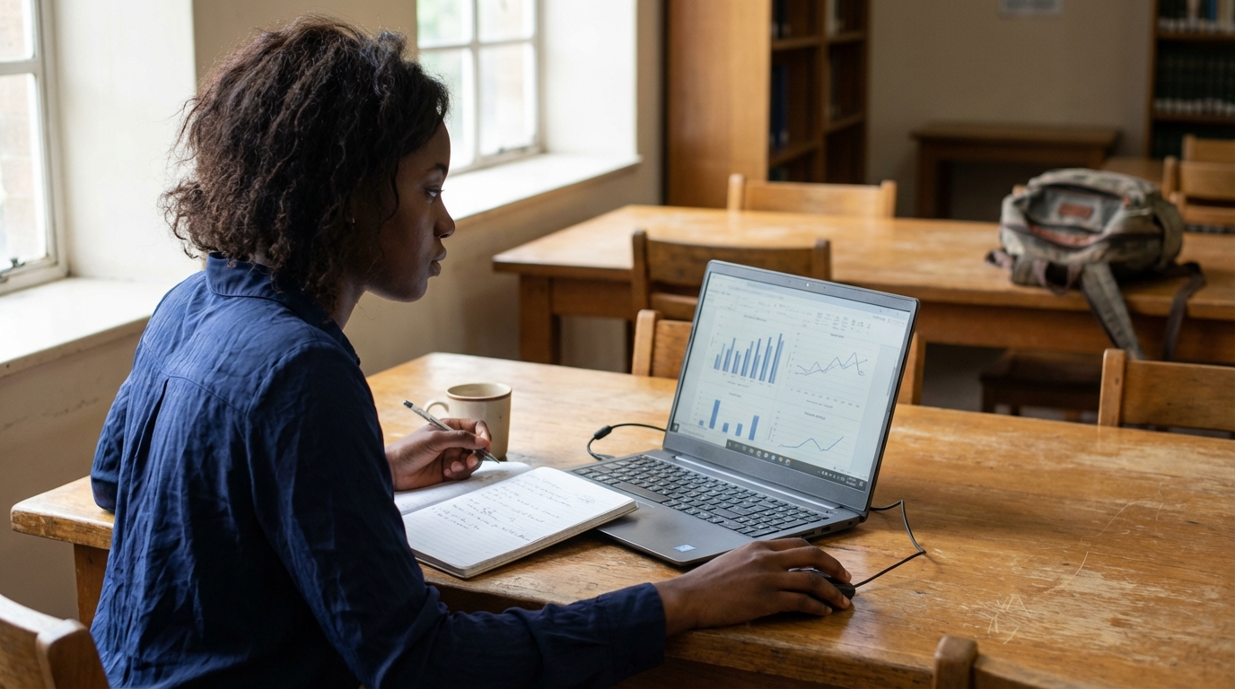 Une analyste de données étudiant des visualisations dans un environnement calme