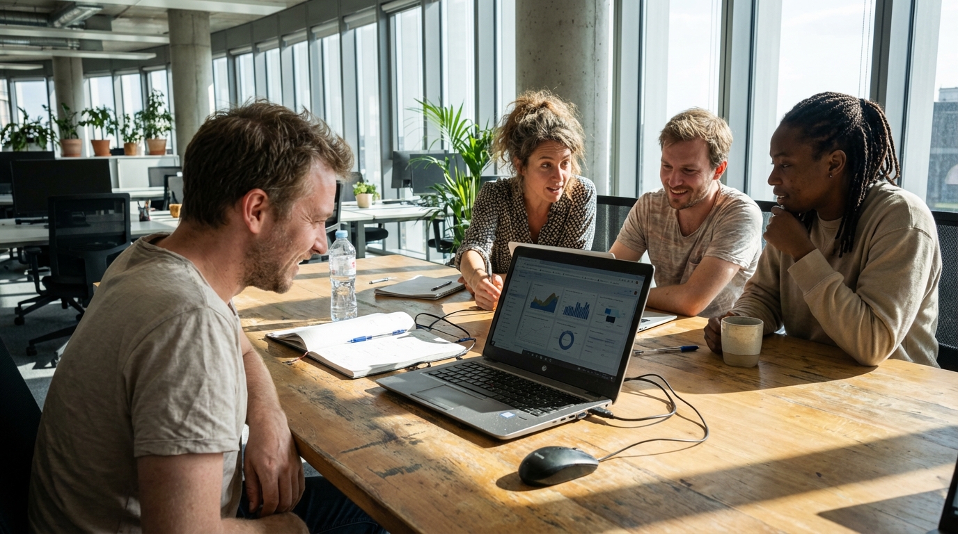 Une équipe diversifiée discutant autour d'un ordinateur portable dans un espace collaboratif