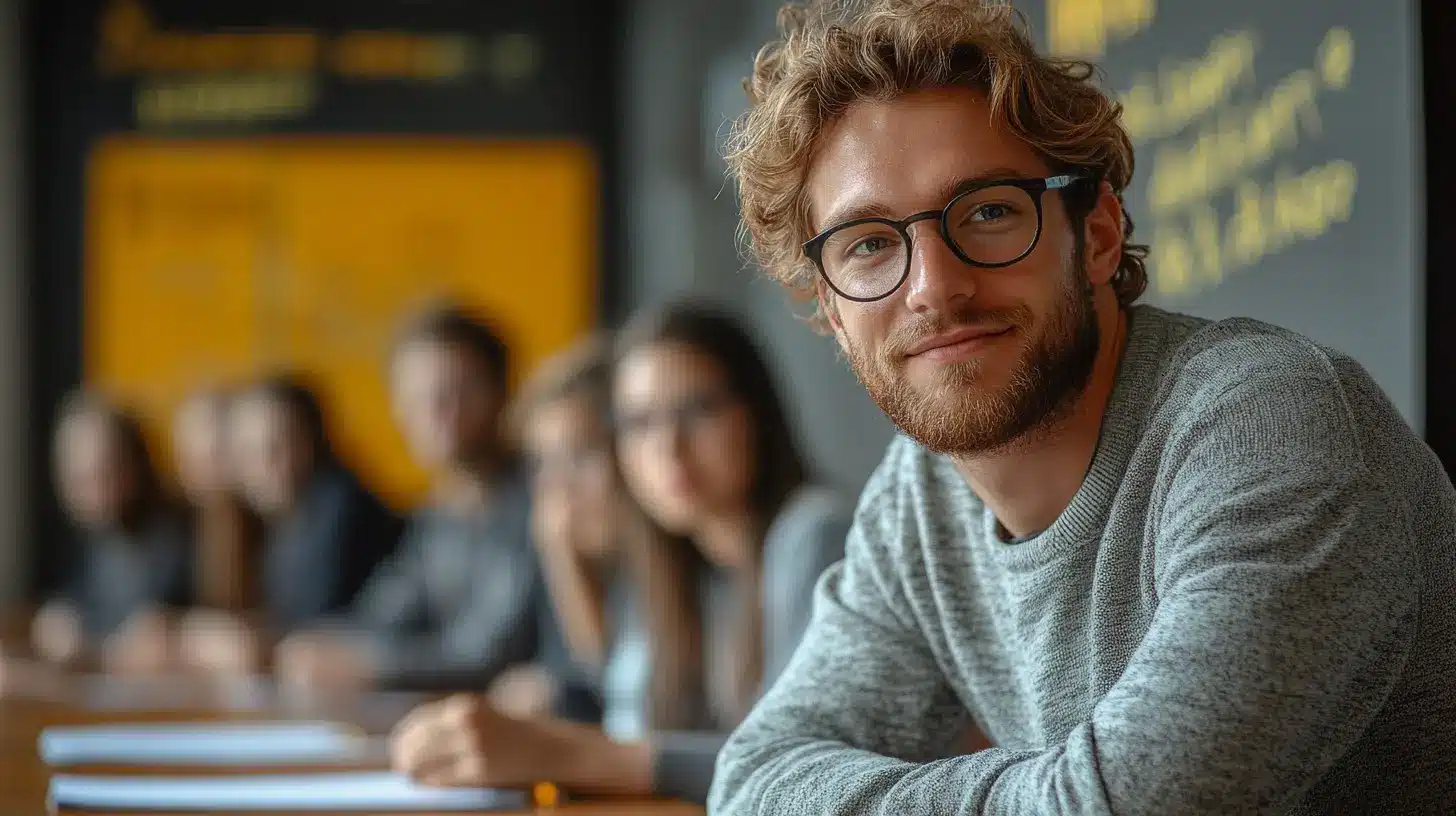 Un jeune apprenti souriant lors d'une formation en contrat d'apprentissage, entouré de ses collègues dans une salle de classe moderne. L'image illustre la dynamique de l'apprentissage en alternance et la valorisation du salaire des apprentis.