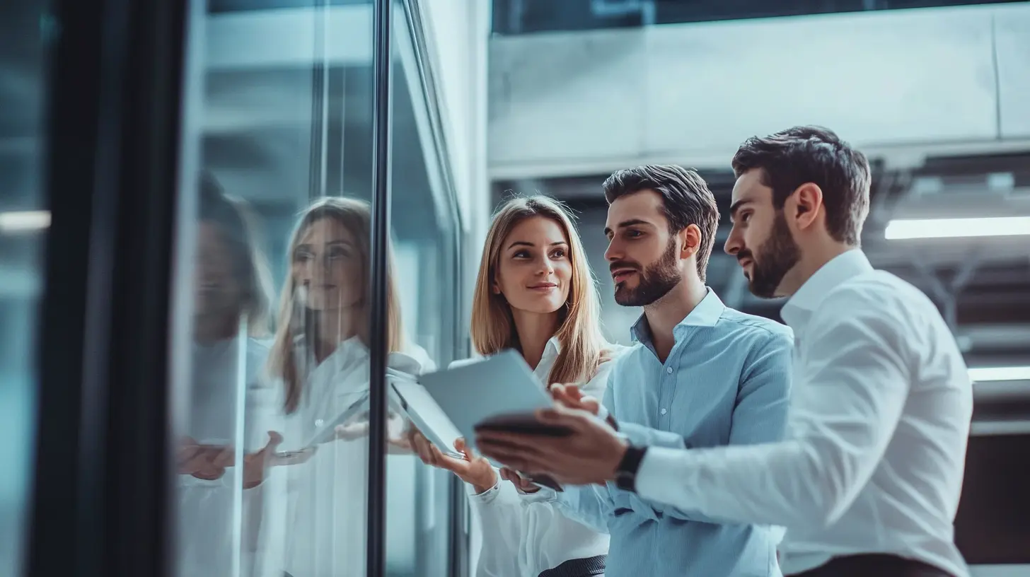 Une équipe commerciale de deux femmes et un homme  discutant et analysant les retours clients sur un écran pour déterminer la satisfaction client.







