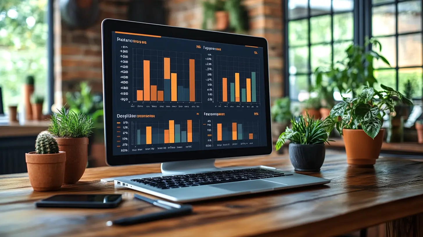 Un écran d’ordinateur affichant un tableau de bord d’analyse de données avec plusieurs graphiques dynamiques. Les indicateurs visuels comprennent des barres représentant la performance, incluant le suivi du Net Promoter Score (NPS), dans un espace de travail moderne et lumineux.