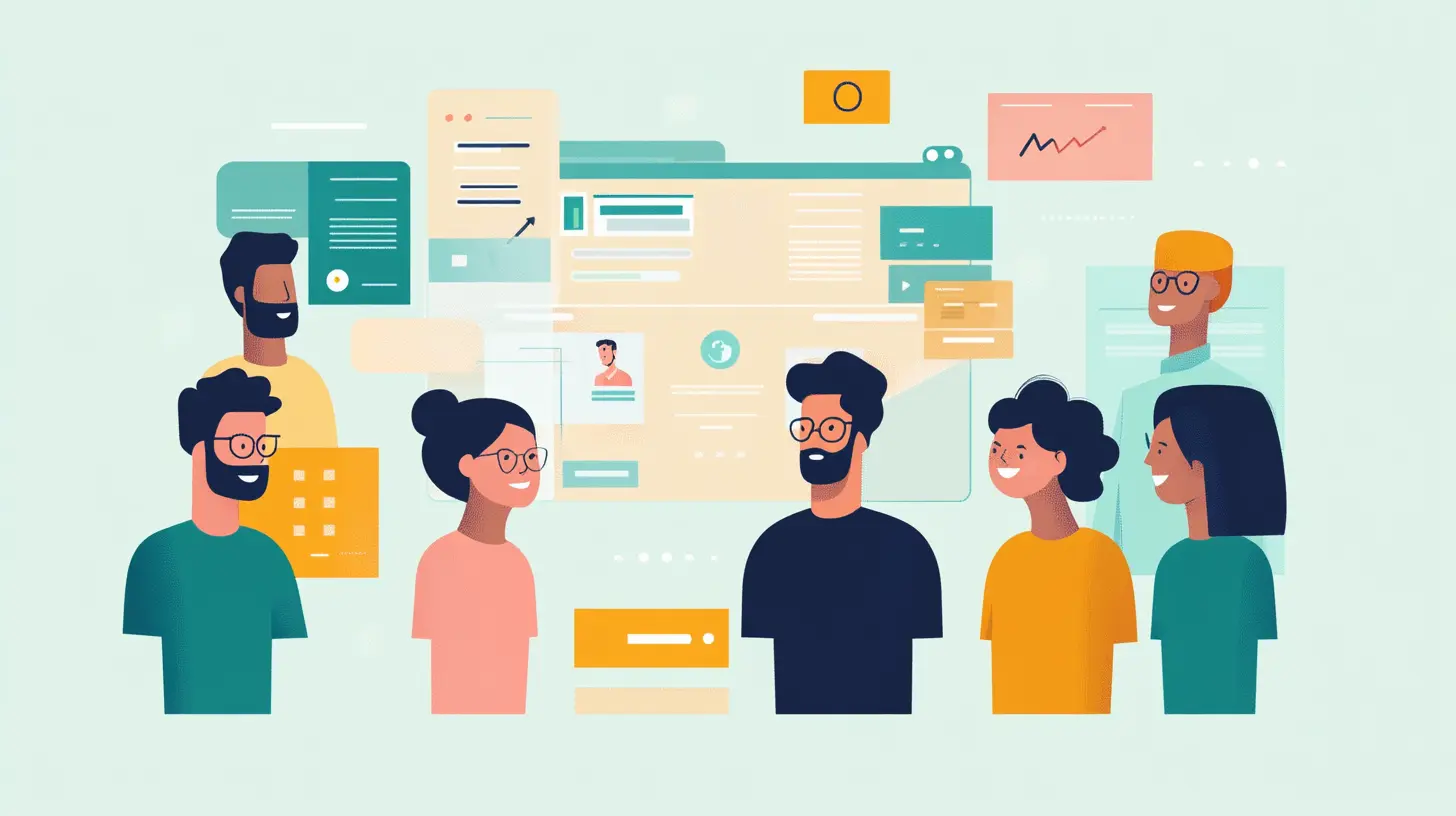 Illustration d'une équipe diversifiée collaborant sur l'amélioration de l'expérience client, avec des interfaces numériques affichant des données de parcours et de satisfaction. Cette image représente l'analyse du Customer Effort Score (CES).