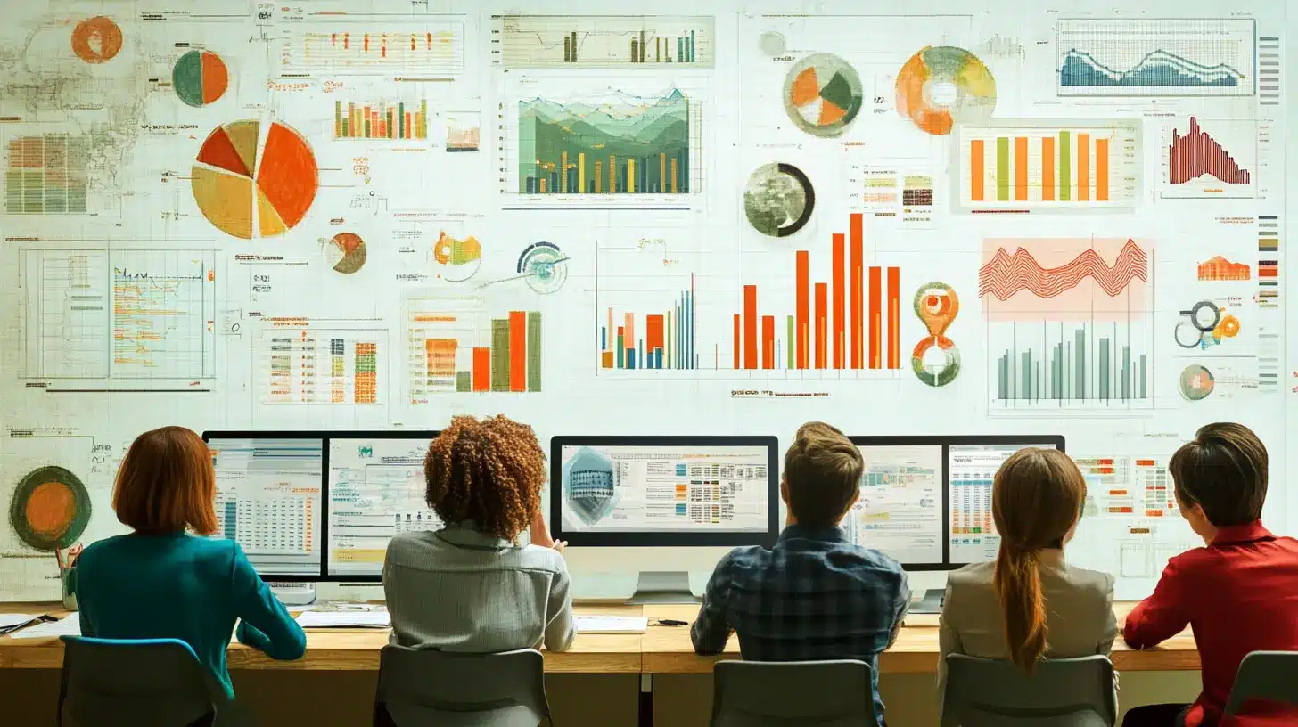 Équipe analysant des données complexes sur plusieurs écrans, avec des graphiques et indicateurs de performance projetés sur un mur. Cette scène illustre la collecte et l'évaluation des métriques telles que le Customer Effort Score (CES).