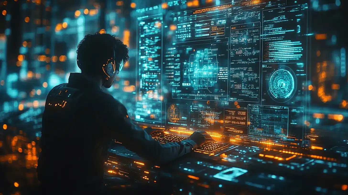 Un laboratoire moderne de cybersécurité avec un pentester tapant sur un clavier, entouré d’interfaces de sécurité holographiques, des flux de données projetés dans les airs, éclairage néon bleu et vert.