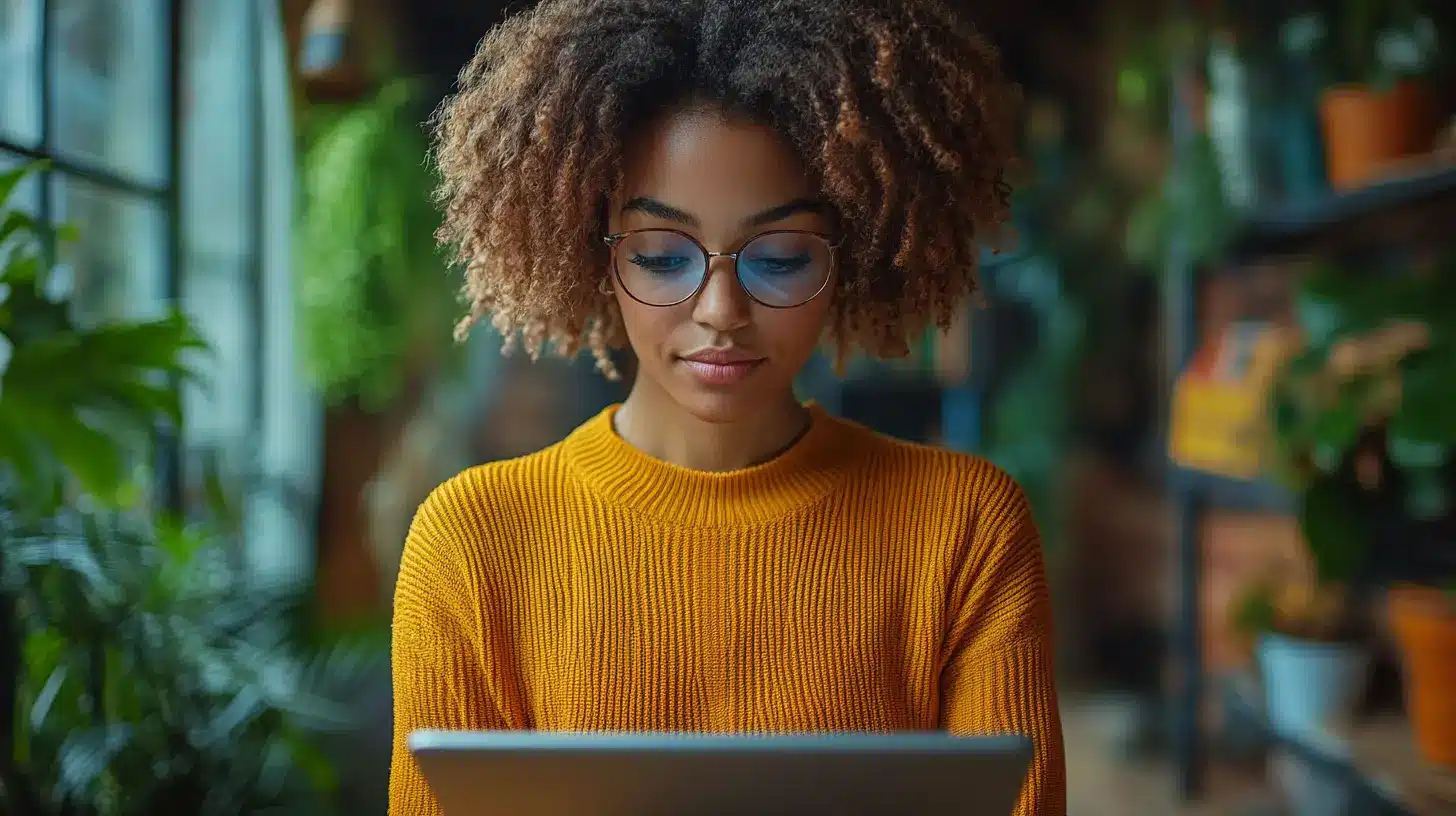 Une personne remplissant un sondage de satisfaction client en ligne sur une tablette, évaluant différents aspects de son expérience, avec une interface simple et épurée.