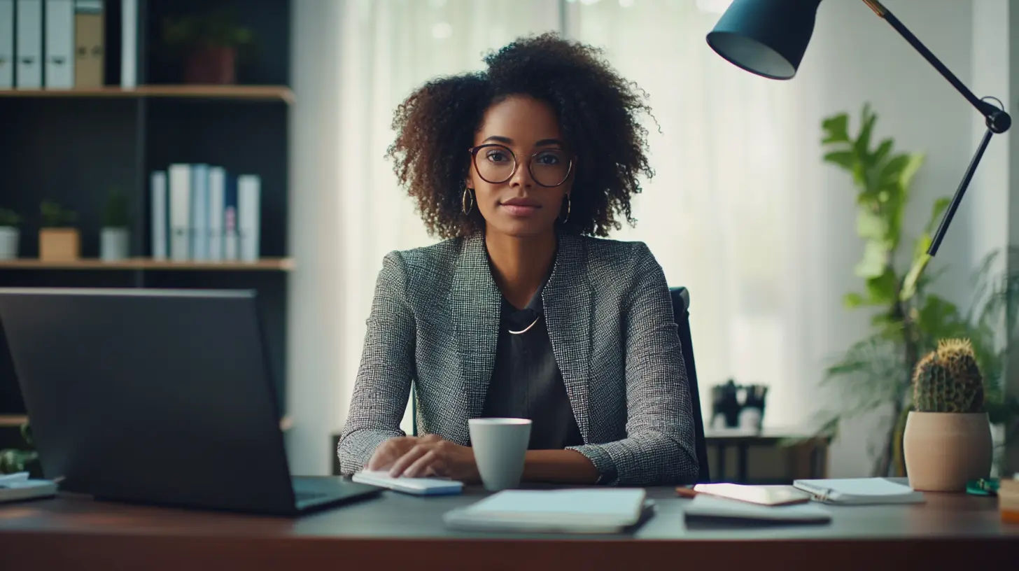 Jeune femme professionnelle assise à son bureau dans un environnement de travail moderne, illustrant le cadre d’un contrat de professionnalisation. Son expression sérieuse et concentrée symbolise l’apprentissage en entreprise et la montée en compétences. Le bureau organisé, l’ordinateur portable et les documents renforcent l’idée d’un emploi en alternance avec une rémunération adaptée. Image idéale pour illustrer un article sur le salaire en contrat de professionnalisation et les opportunités offertes aux jeunes actifs.
