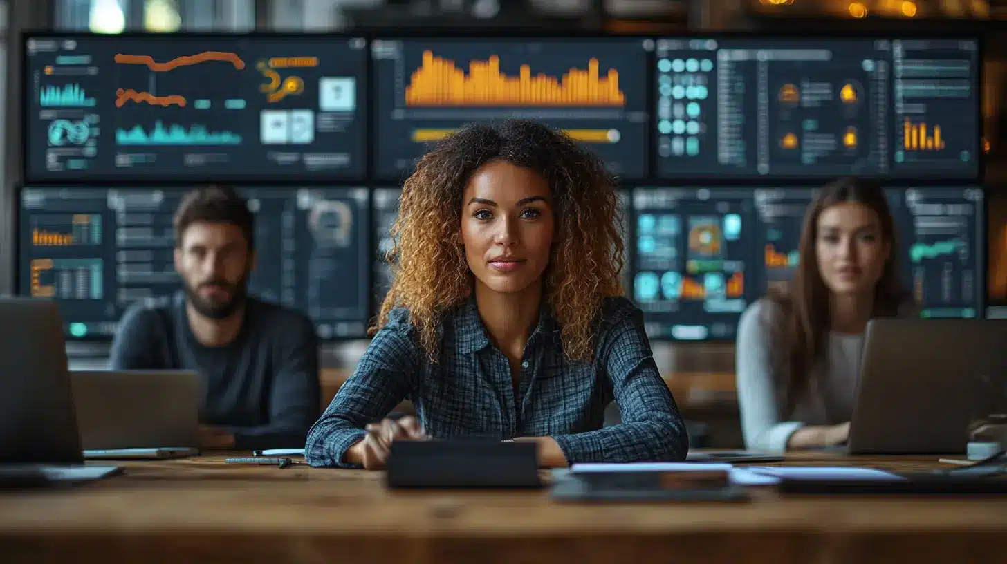 Équipe professionnelle collaborant dans un bureau moderne, avec une consultante au centre, entourée d'écrans affichant des tableaux de bord et des données analytiques complexes. Illustration d'un flux de données de type 'Salesforce Spaghetti Flow', symbolisant la gestion de processus et d'intégrations multiples.