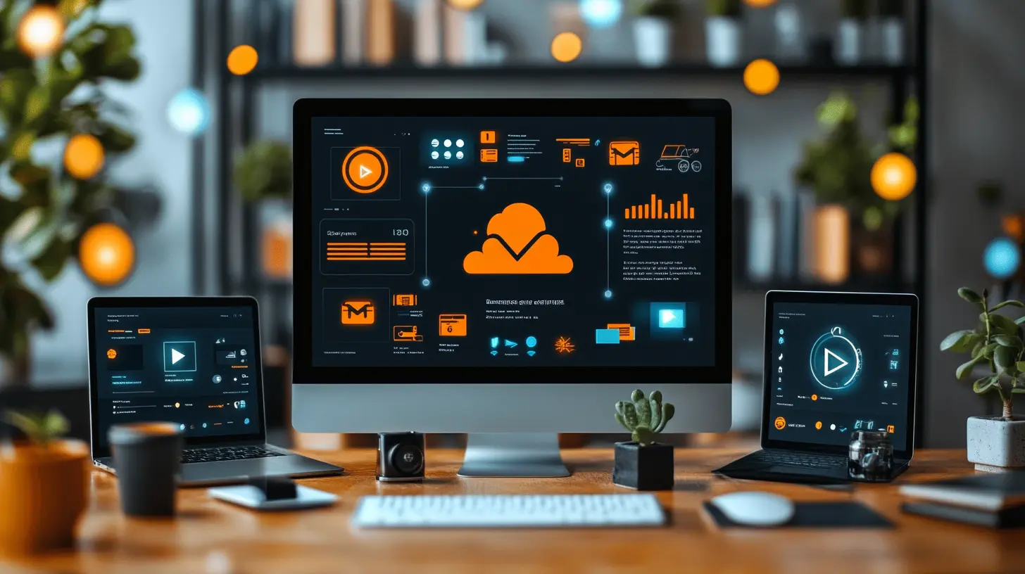 Illustration représentant des outils digitaux de gestion commerciale et marketing, avec des écrans affichant des tableaux de bord de données en temps réel. Les graphiques, icônes, et indicateurs clés symbolisent l'analyse de performance dans le cadre d'une stratégie commerciale basée sur les données (data-driven strategy).