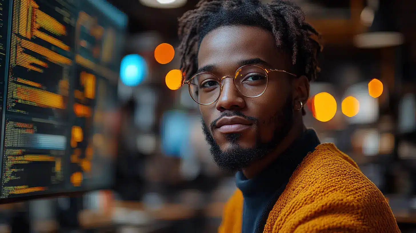 Un jeune apprenti en contrat d’apprentissage travaillant dans le domaine du développement informatique. Il est concentré devant un écran affichant du code, illustrant l'équilibre entre formation et salaire en alternance.