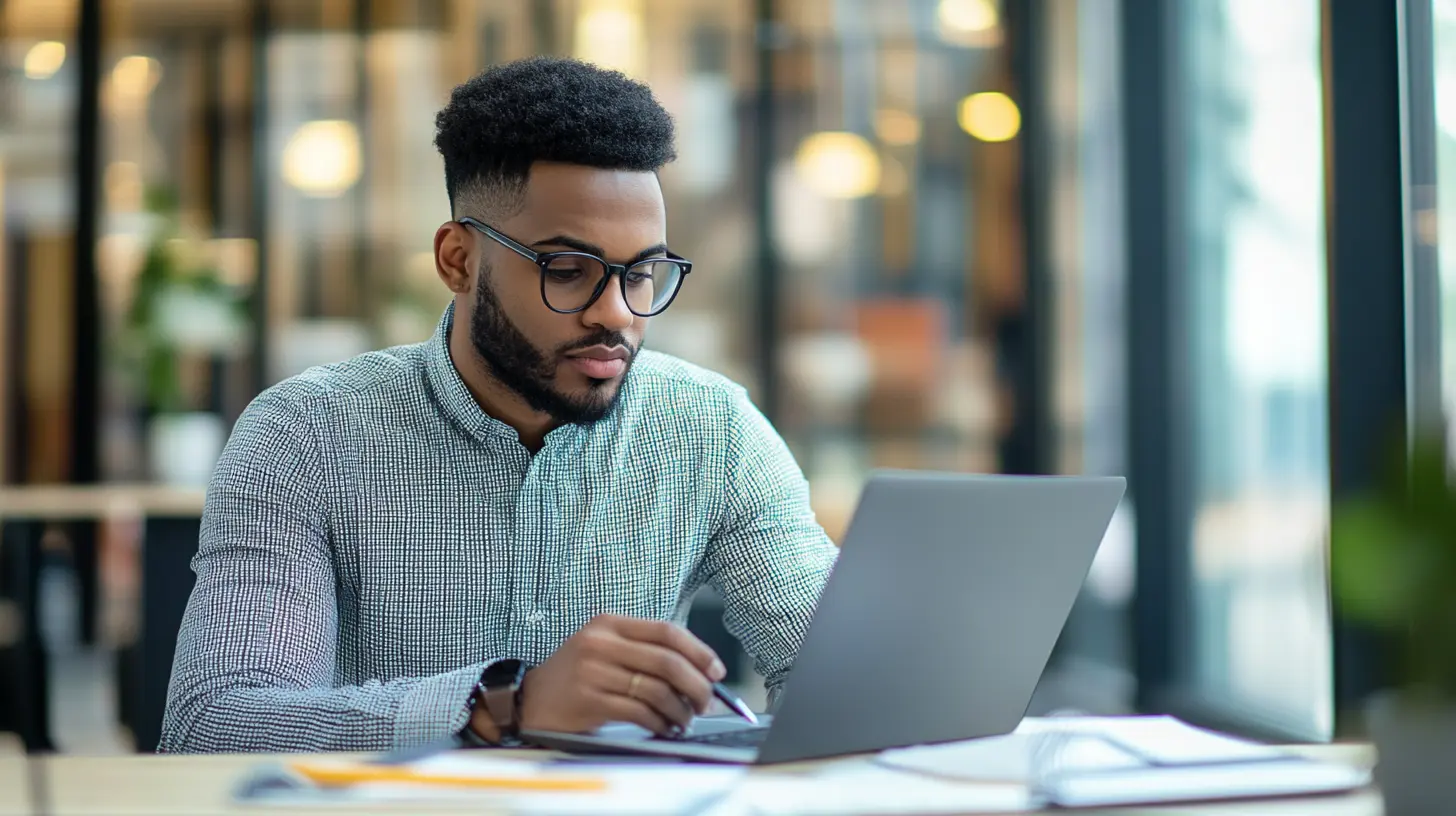 Jeune professionnel analysant le Customer Satisfaction Score (CSAT) sur son ordinateur dans un bureau moderne. Il évalue les données de satisfaction client pour optimiser l'expérience utilisateur et améliorer la fidélisation.
