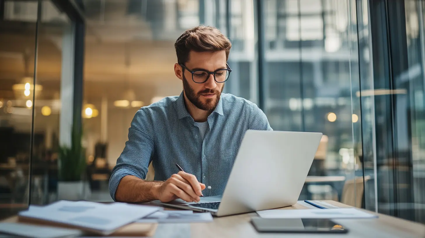Jeune homme en alternance travaillant sur son ordinateur dans un bureau moderne et lumineux, illustrant l’engagement d’un étudiant en contrat de professionnalisation. Son expression concentrée et son environnement professionnel mettent en avant l’apprentissage en entreprise et la montée en compétences. Documents, tablette et espace de travail organisé renforcent l’image d’un alternant en pleine immersion dans le monde du travail, avec une rémunération adaptée. Idéal pour illustrer un article sur le salaire en contrat de professionnalisation et les perspectives d’évolution.